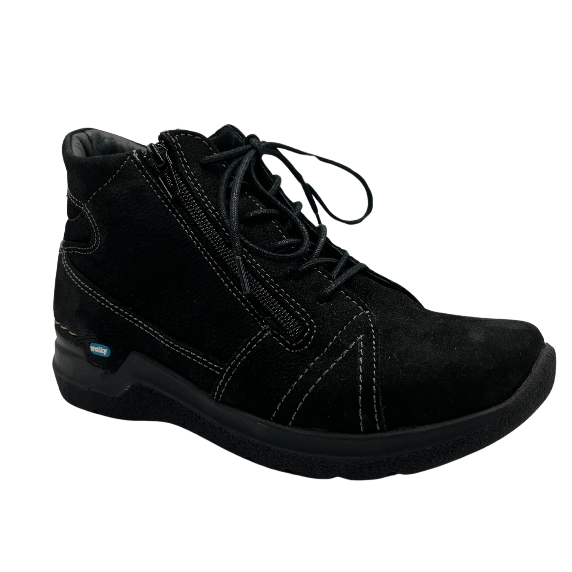 45 degree angled view of black suede ankle boot with idea zipper closure and black outsole