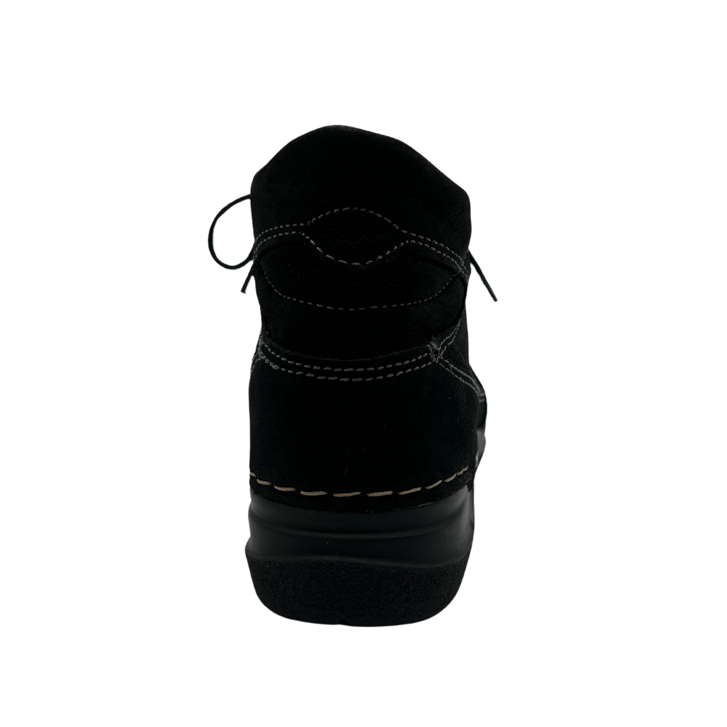Back view of black suede ankle boot with black rubber outsole