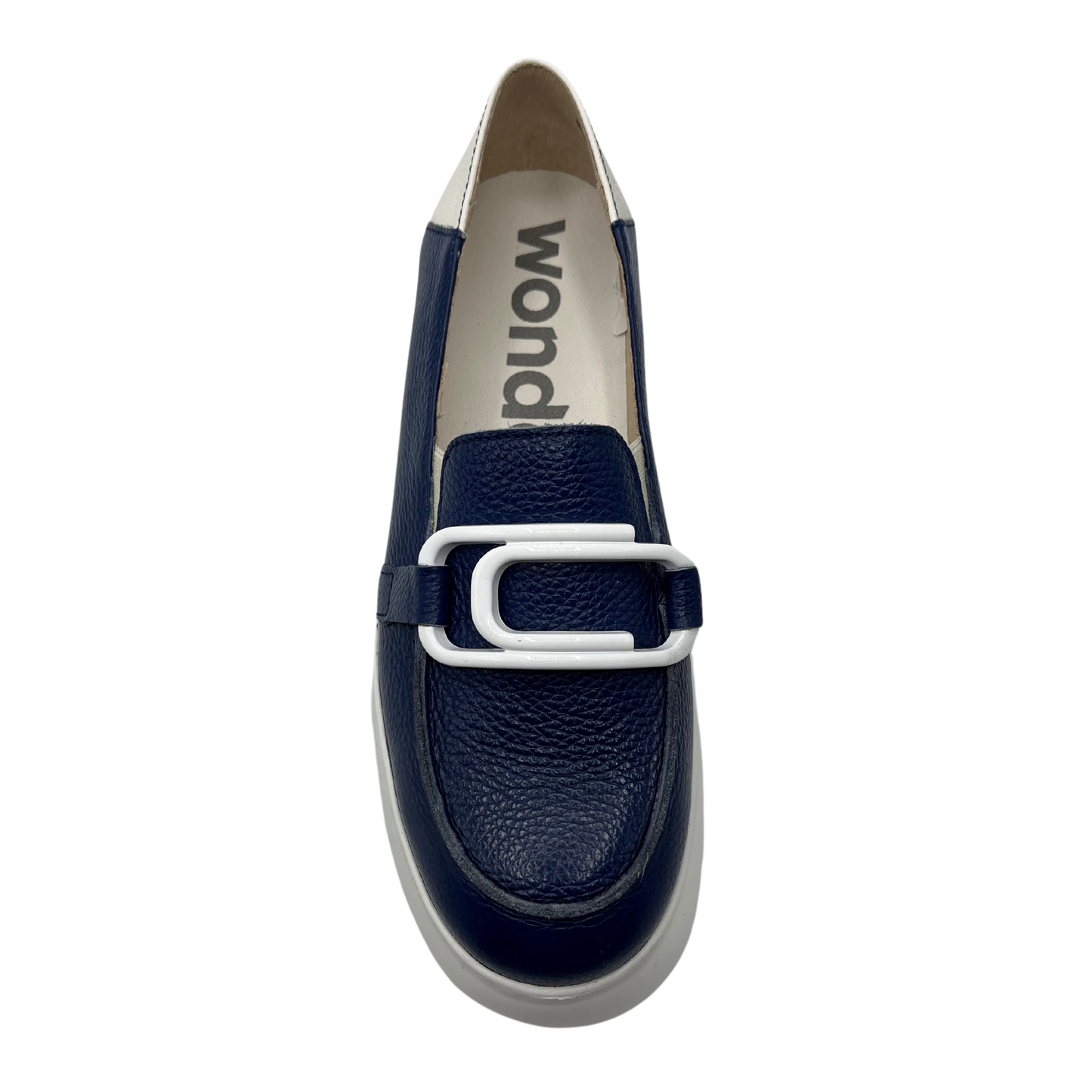 Top facing view of navy and white leather loafer with white rubber platform sole and large white paperclip detail