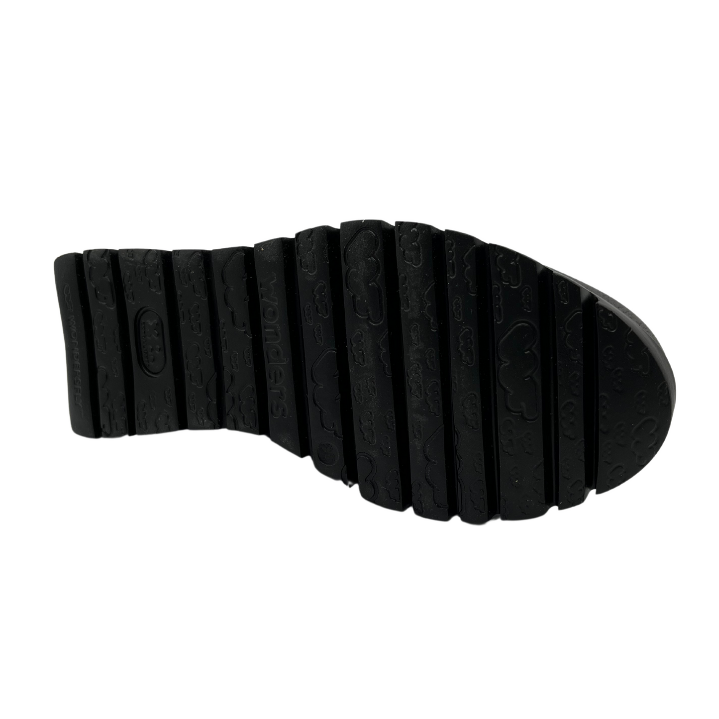 Bottom view of textured leather loafer in grey. A black thick platform sole and black embellishment on the upper