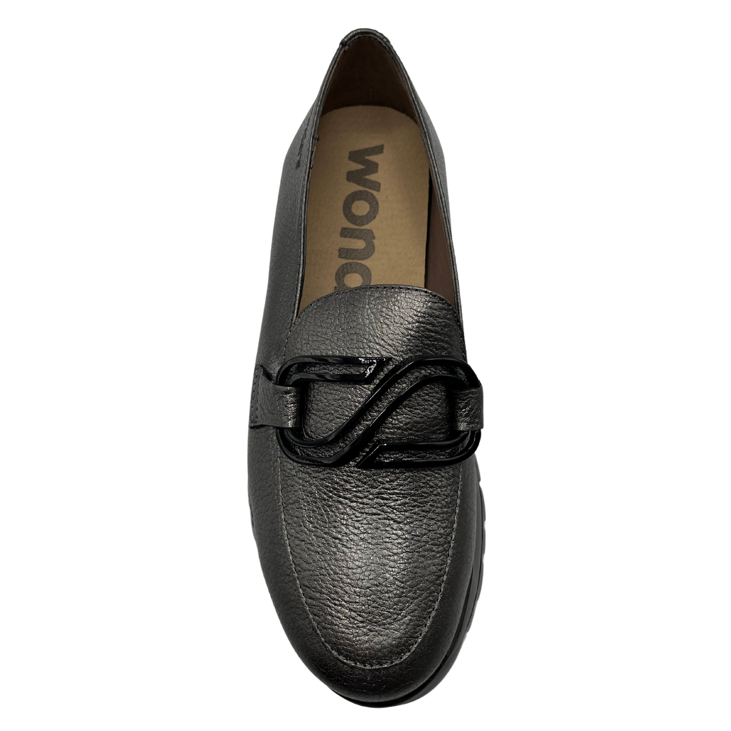 Top view of textured leather loafer in grey. A black thick platform sole and black embellishment on the upper