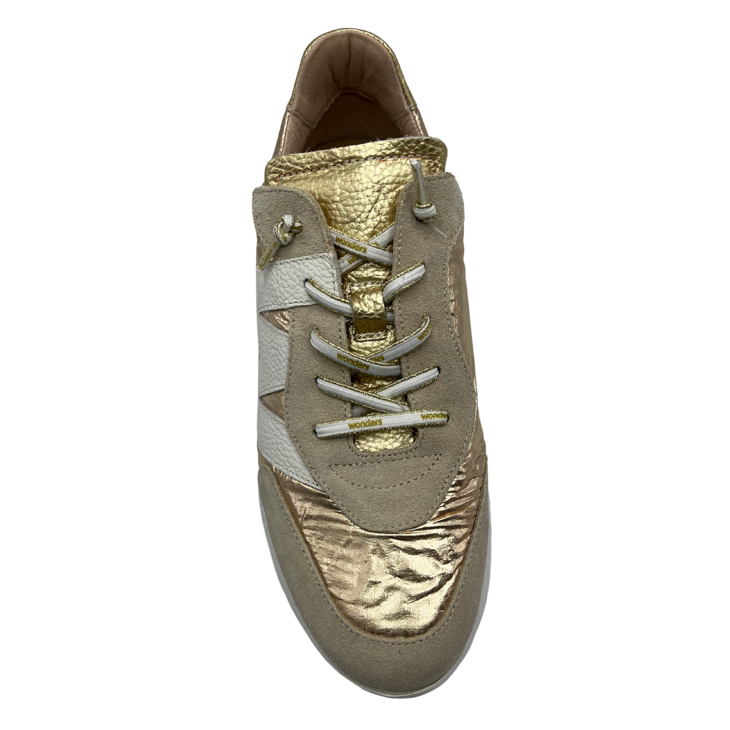 Top view of a gold coloured sneaker with a suede and leather construction. Extra lightweight thick rubber outsole and a white W on the side.