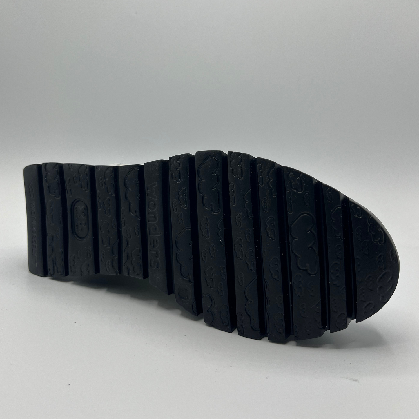 Black shoe sole with tread pattern on a gray background