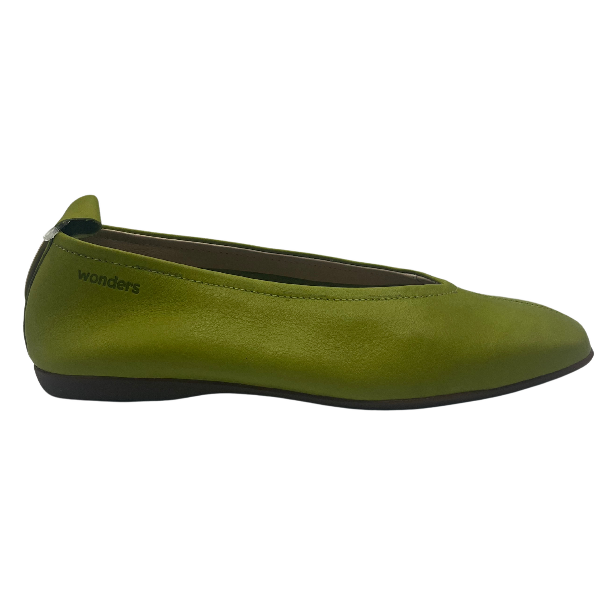 Right facing view of apple green ballet flat with rubber outsole