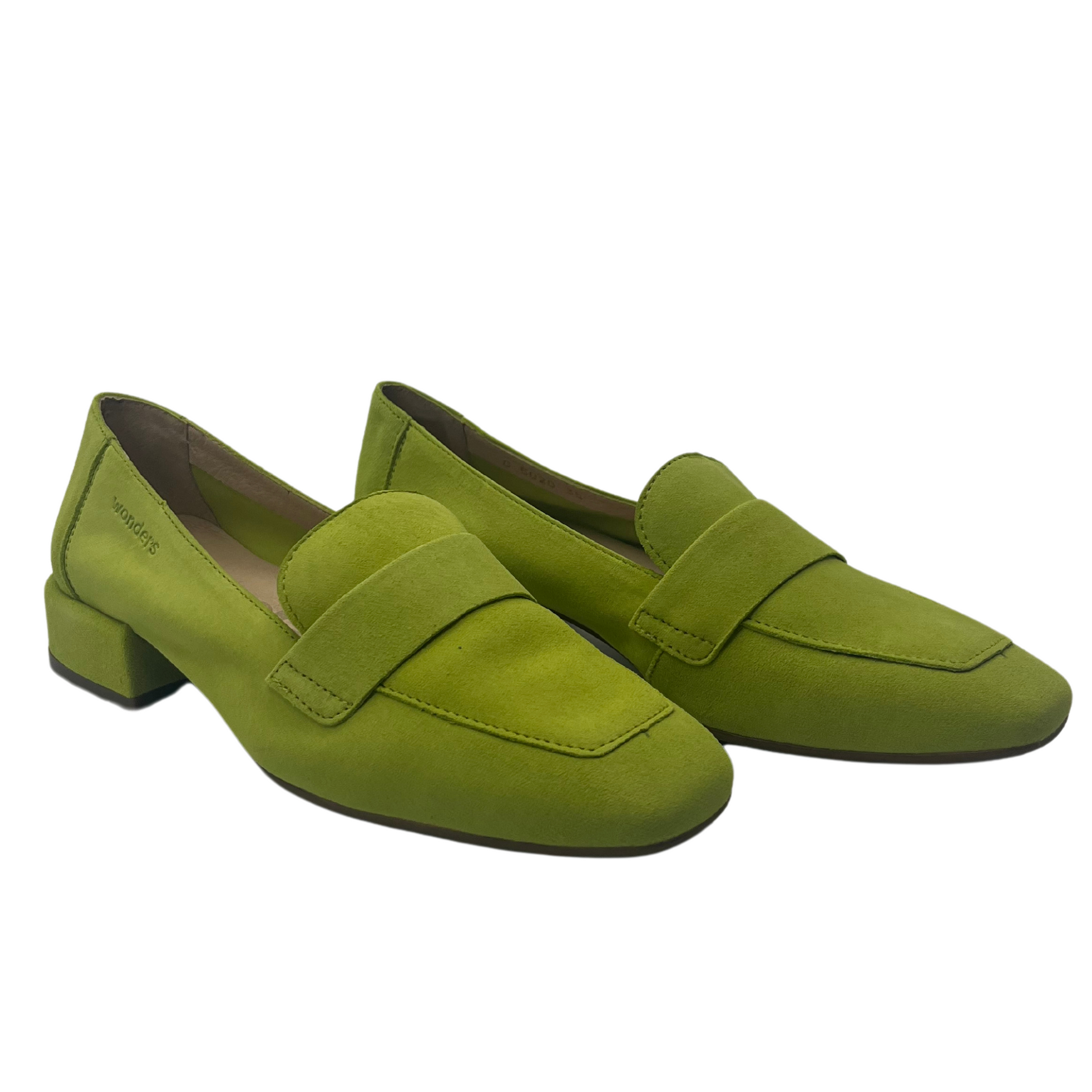 45 degree angled view of apple green suede leather loafers with short block heels and square toe