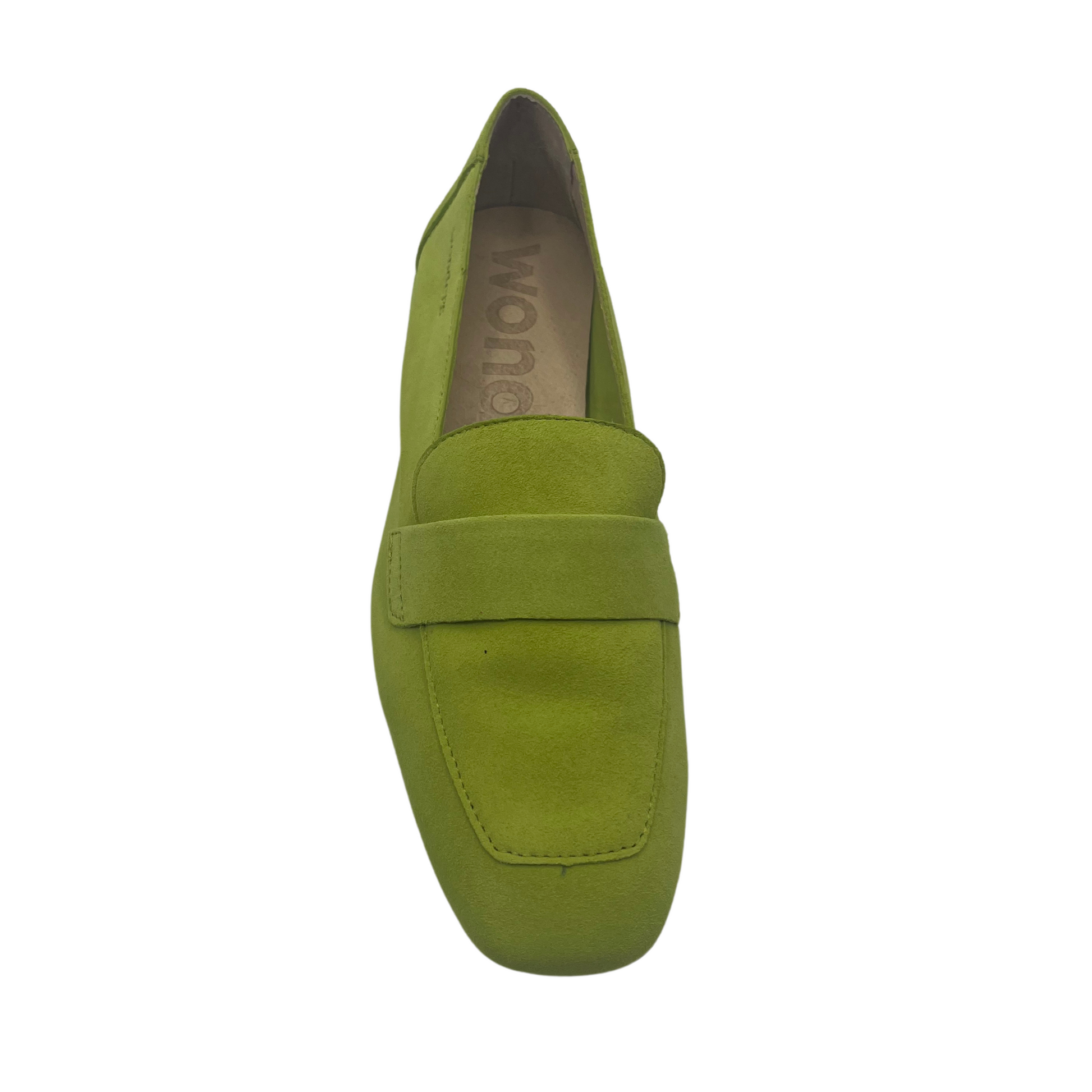 Top view of apple green suede leather loafer with square toe