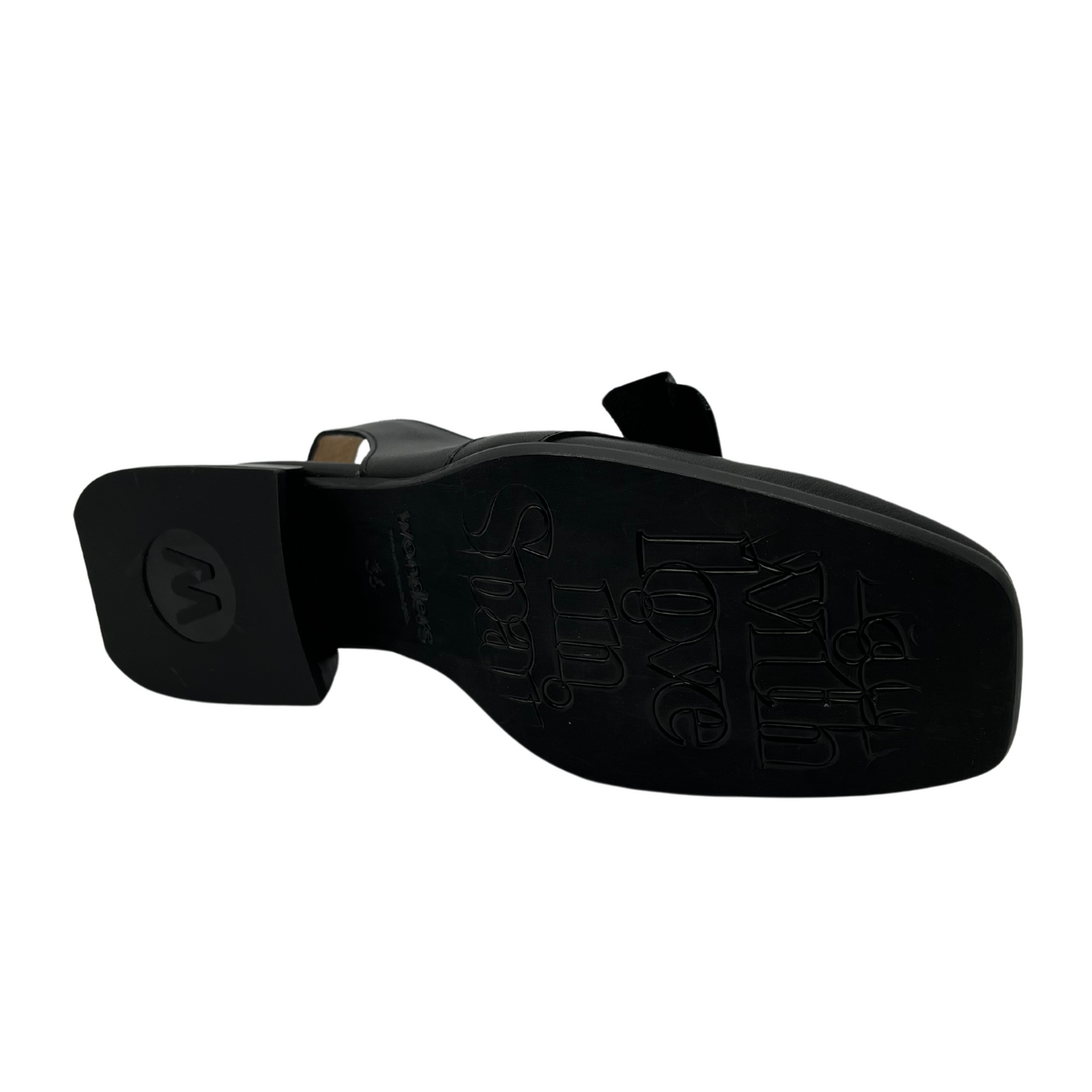 Bottom view of black leather loafer with square toe and slingback strap