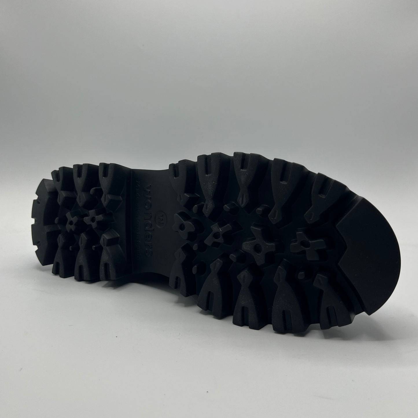 Close-up of a black boot sole with tread pattern on a gray background