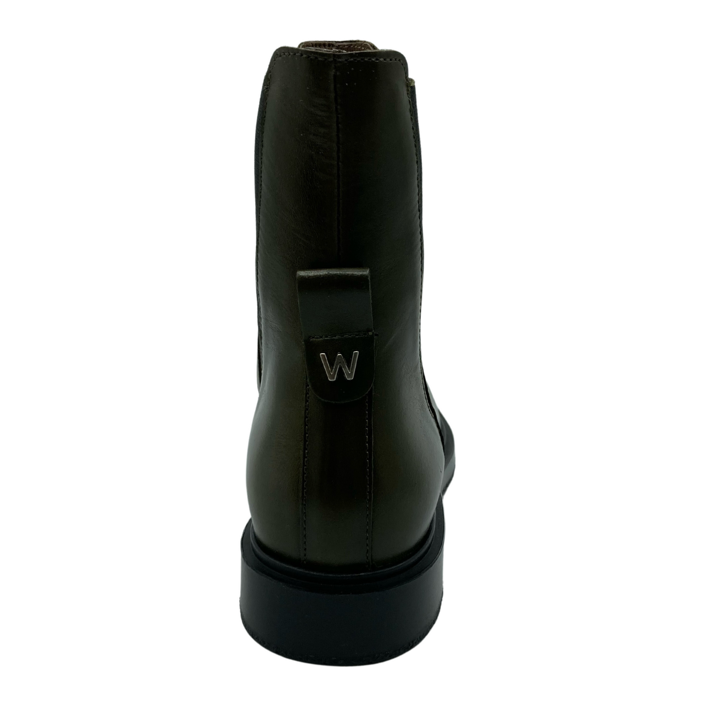 Back view of green leather short boot with black outsole
