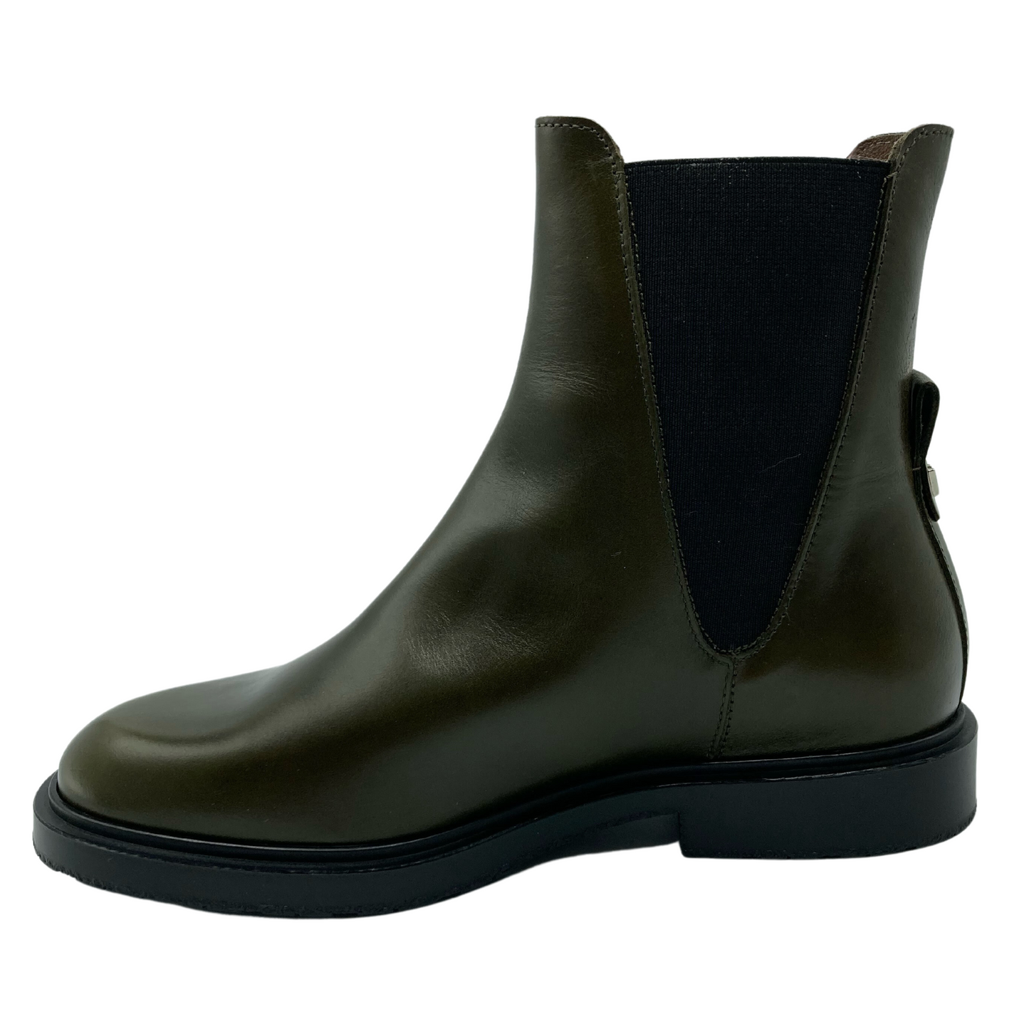 Left facing view of olive green leather short boot with black outsole and elastic side gore