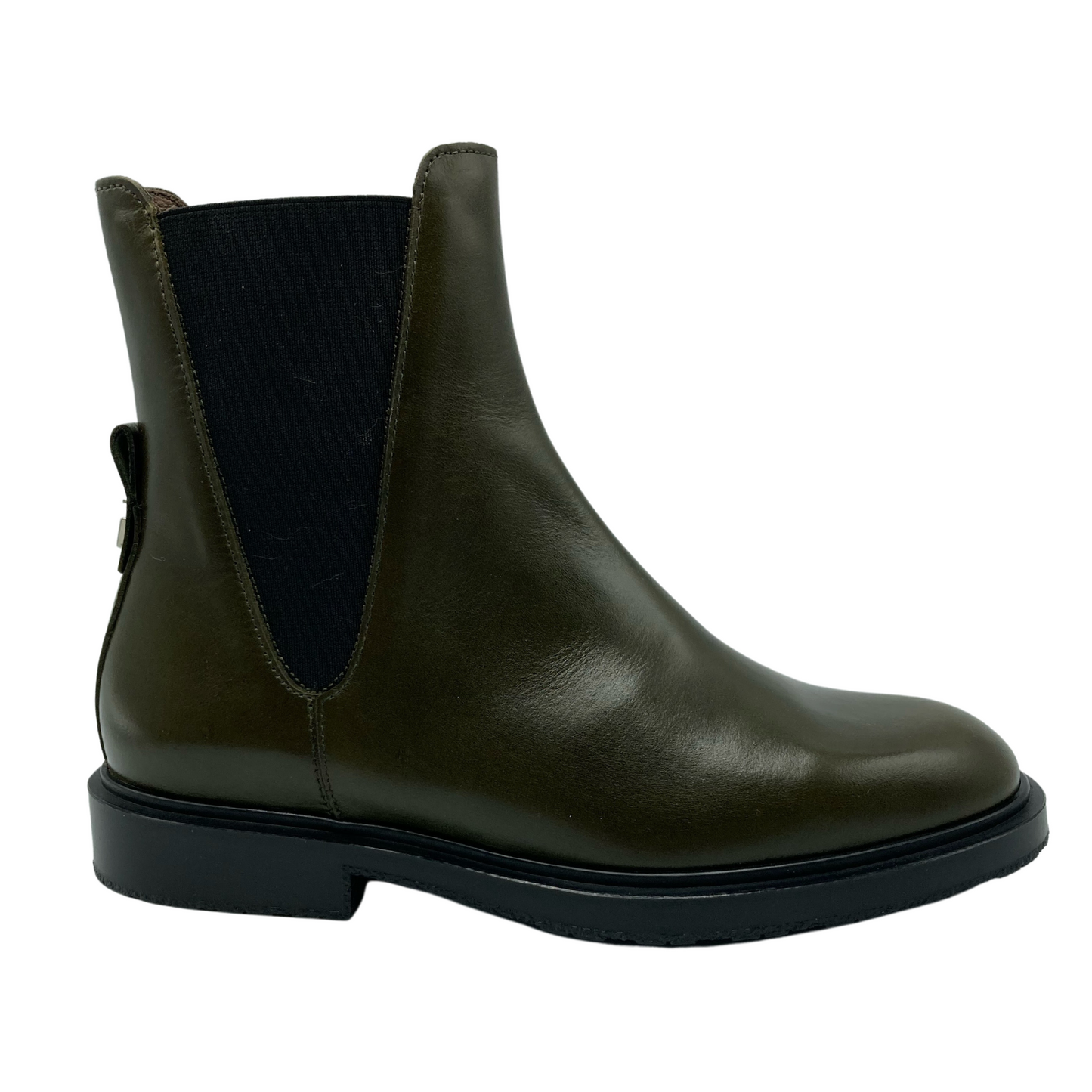 Right facing view of olive green leather chelsea boot with elastic side gore and black outsole