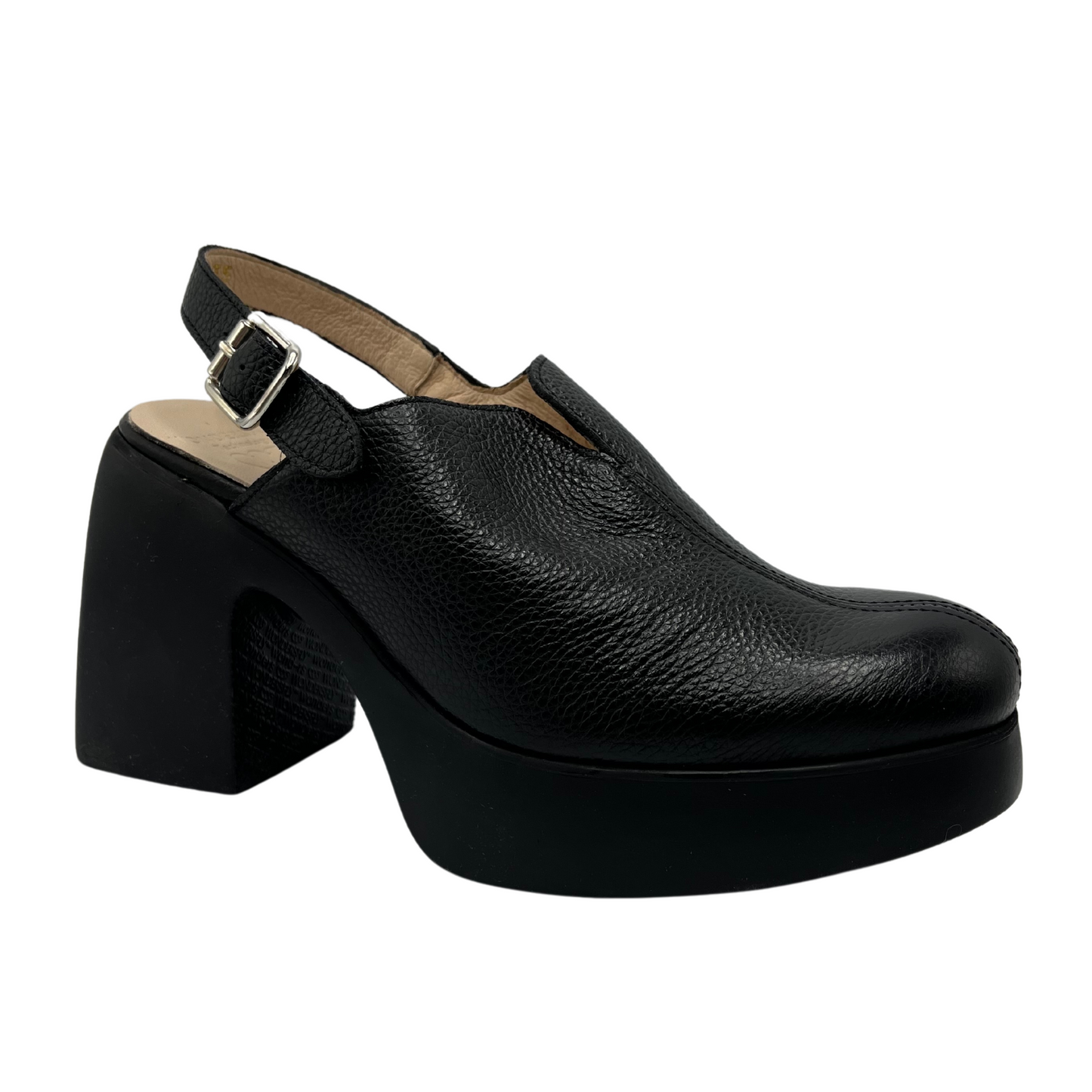 45 degree angled view of black leather clog with slingback buckle strap, thick block heel and sole