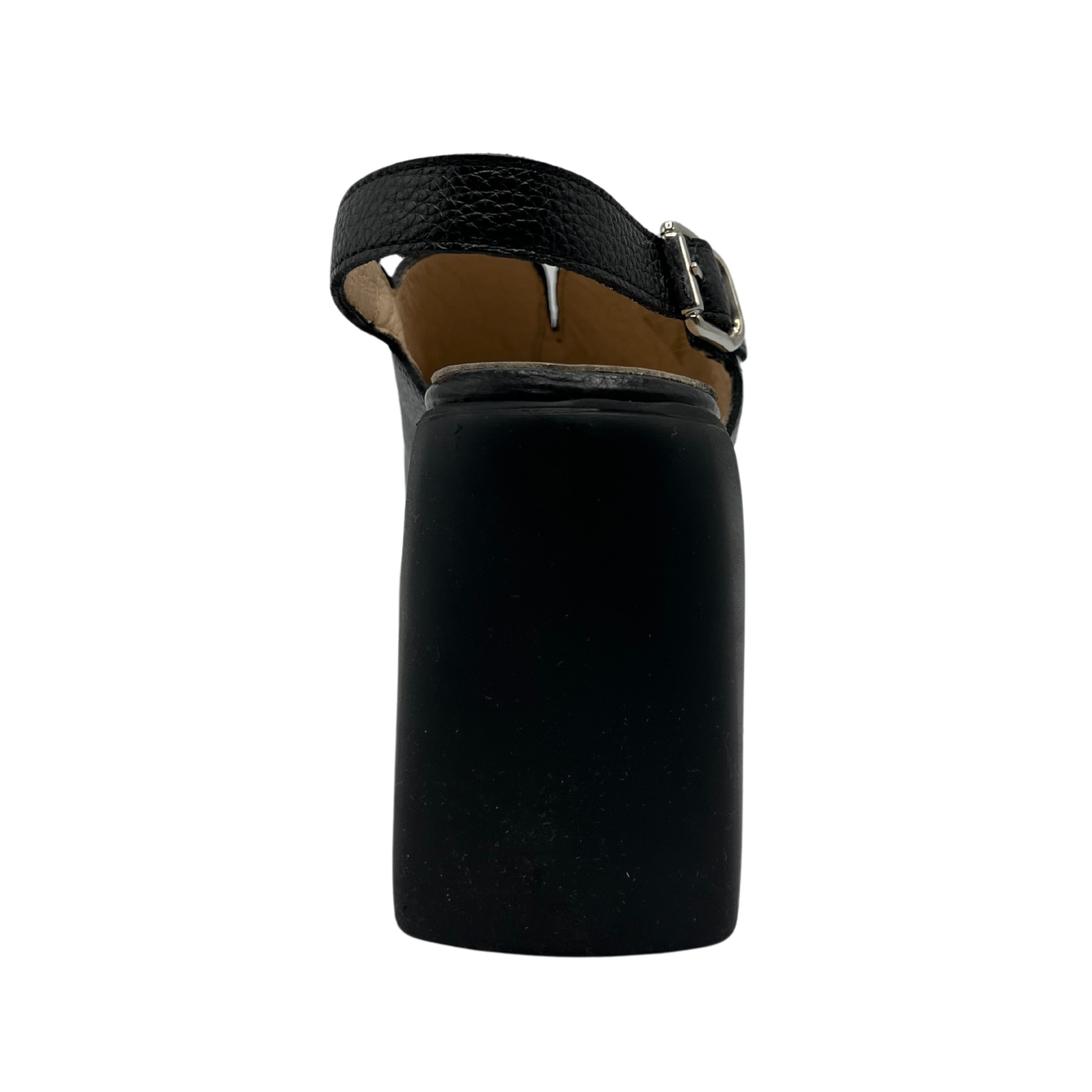 Back facing view of black leather clog with slingback buckle strap, thick block heel and sole