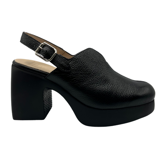 Right facing view of black leather shoe with a sling back strap with a chunky platform heel and sole