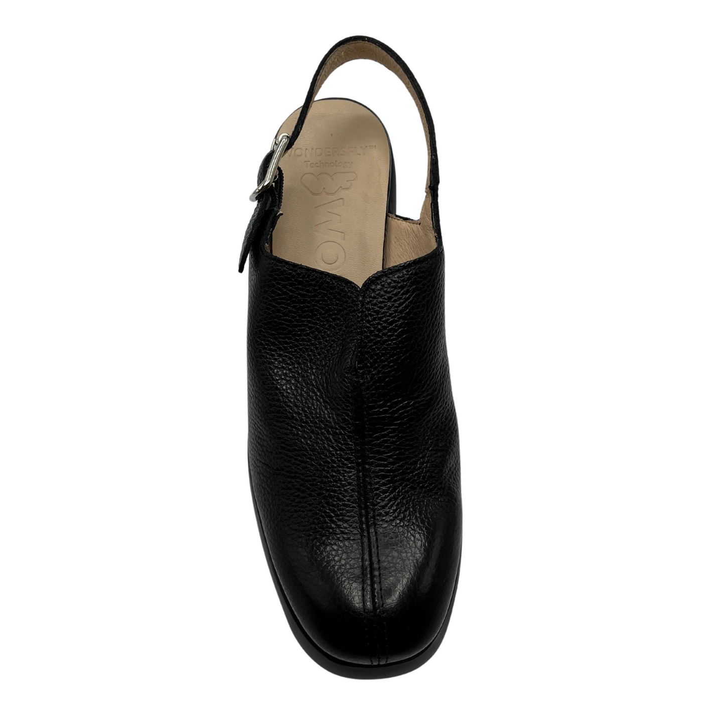 Top view of black leather clog with slingback buckle strap, thick block heel and sole