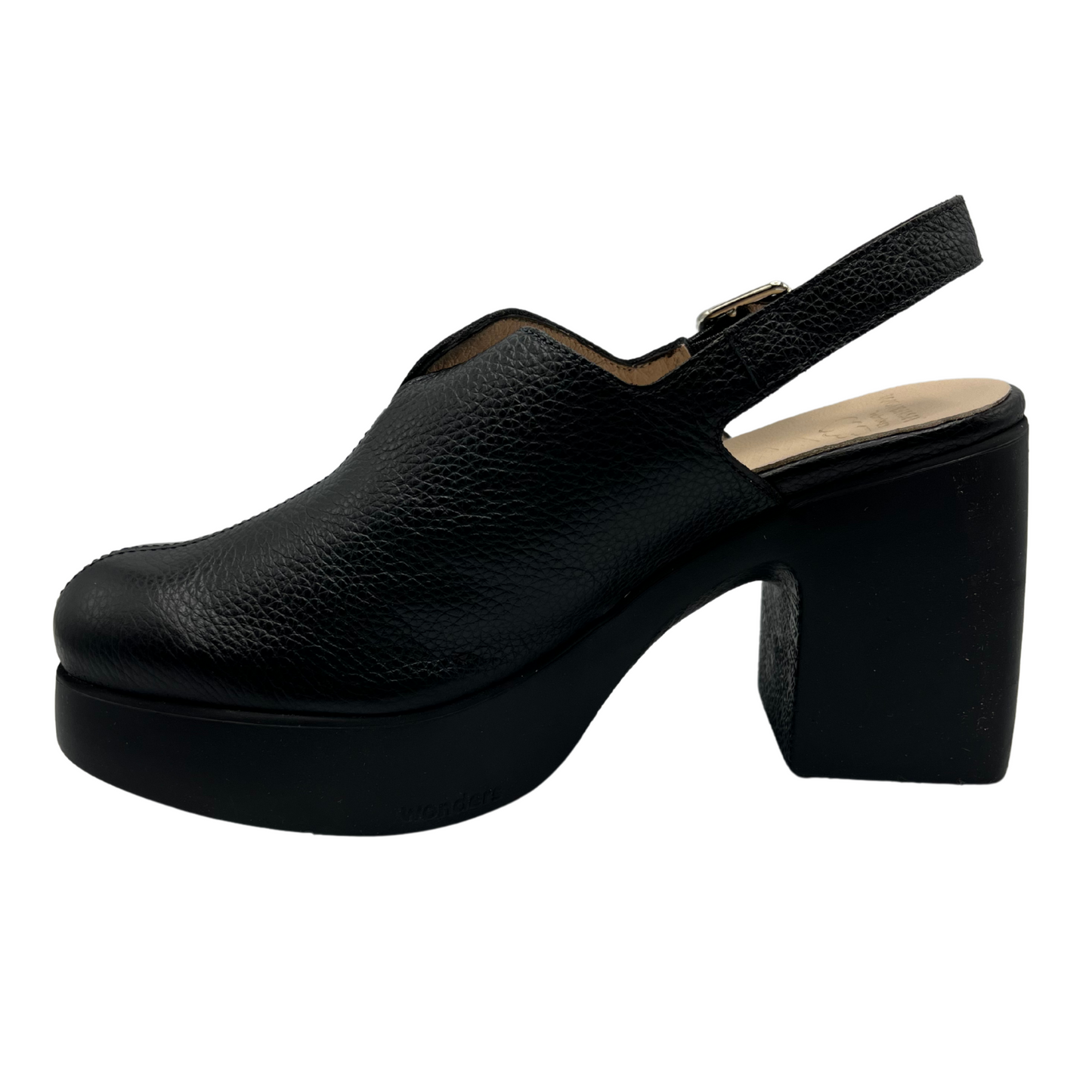 Left facing view of black leather shoe with a sling back strap with a chunky platform heel and sole