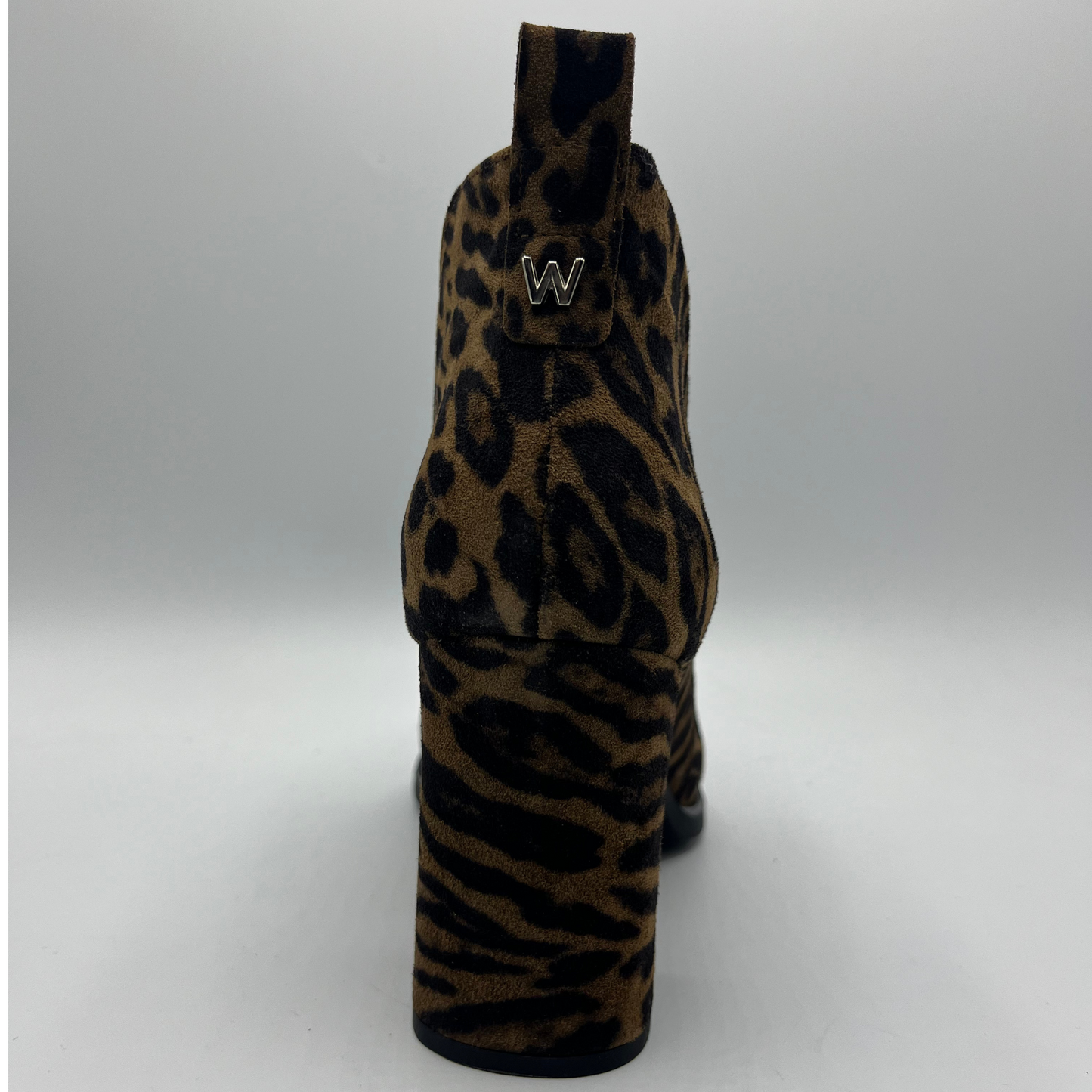 Leopard print boot with a brand logo on a light gray background