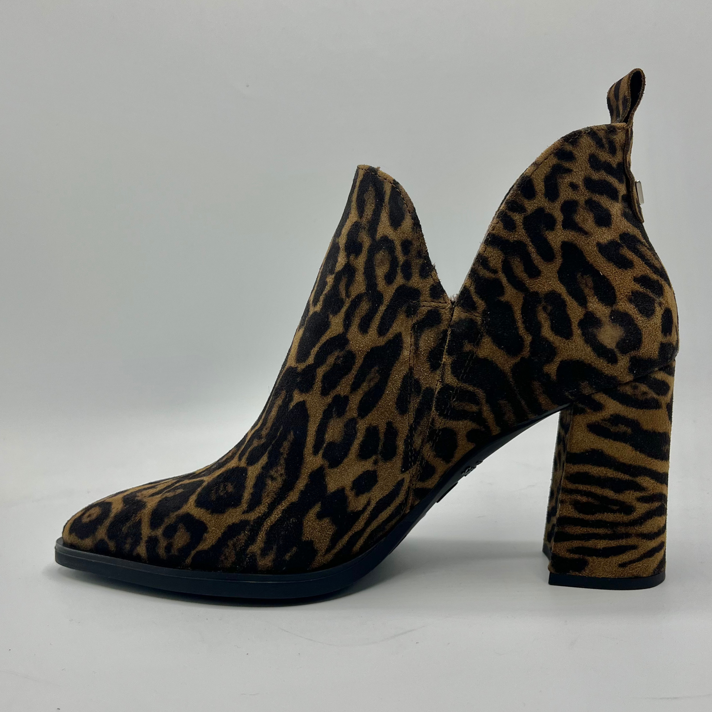 Leopard print ankle boot on a gray background