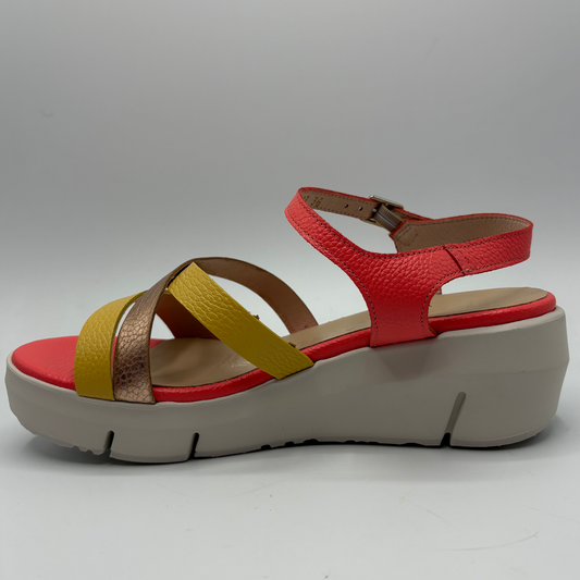Red sandal with yellow and brown straps on a gray background