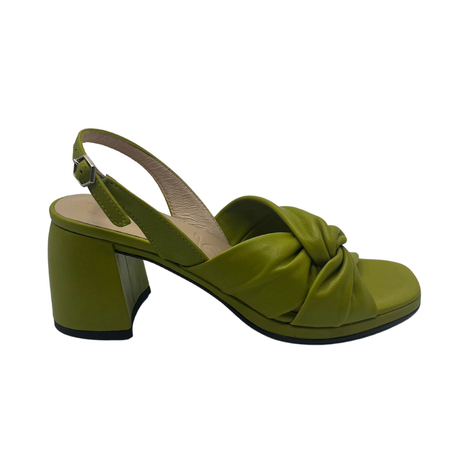 Right facing view of Apple green sandal with chunky block heel and buckle strap