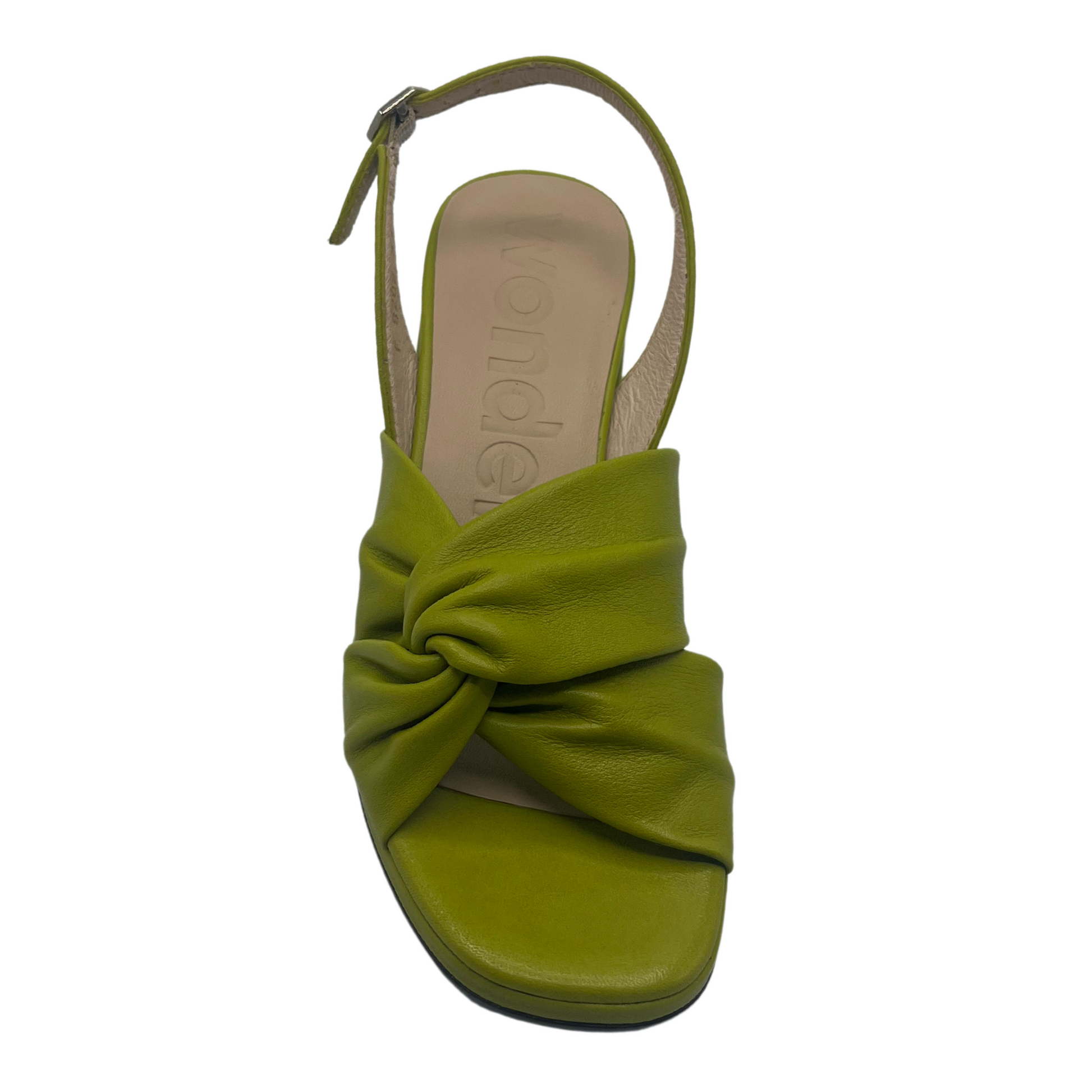 Top view of apple green leather sandal with square toe and buckle strap