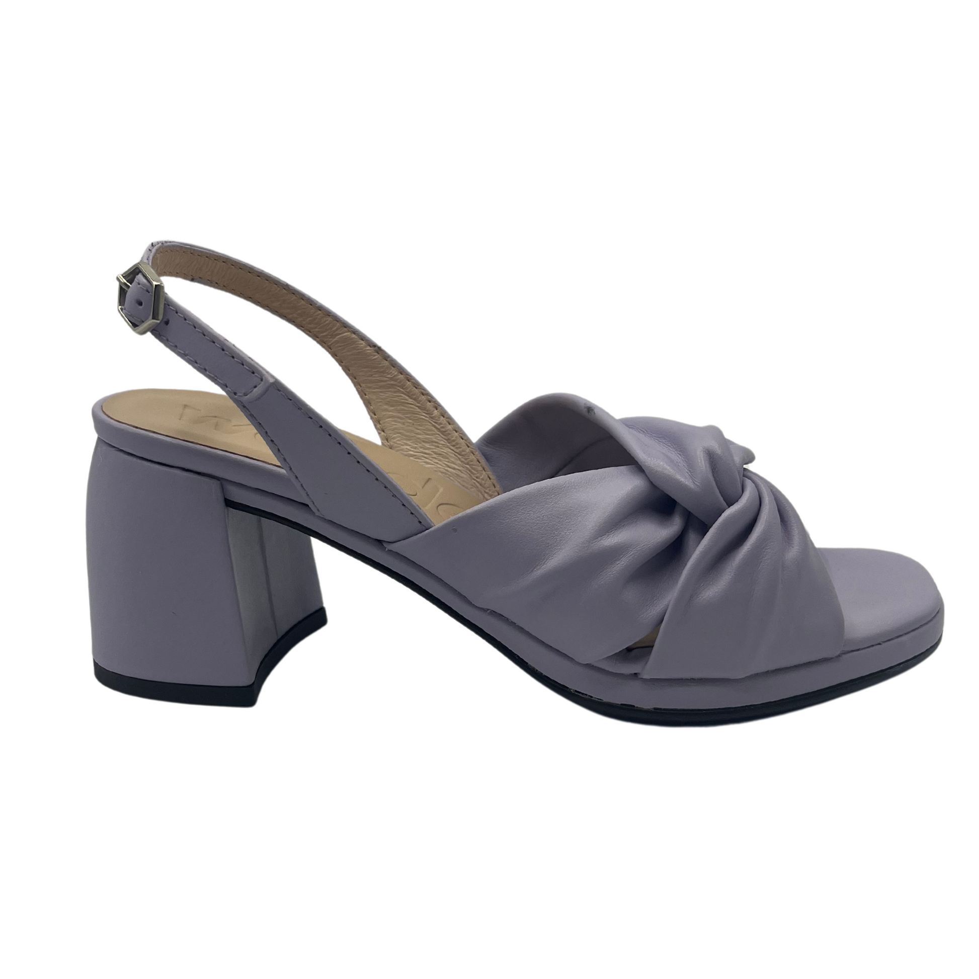 Right facing view of lavender sandal with block heel and buckle strap