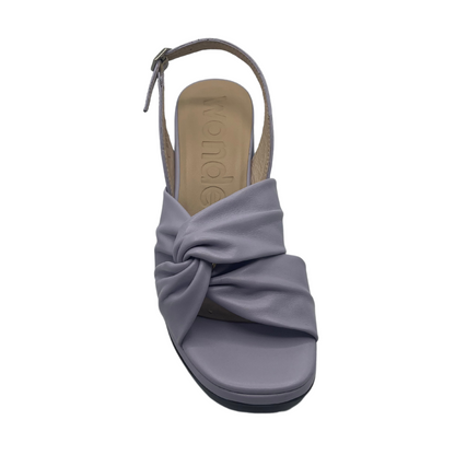 Top view of lavender leather sandal with square toe and buckle strap