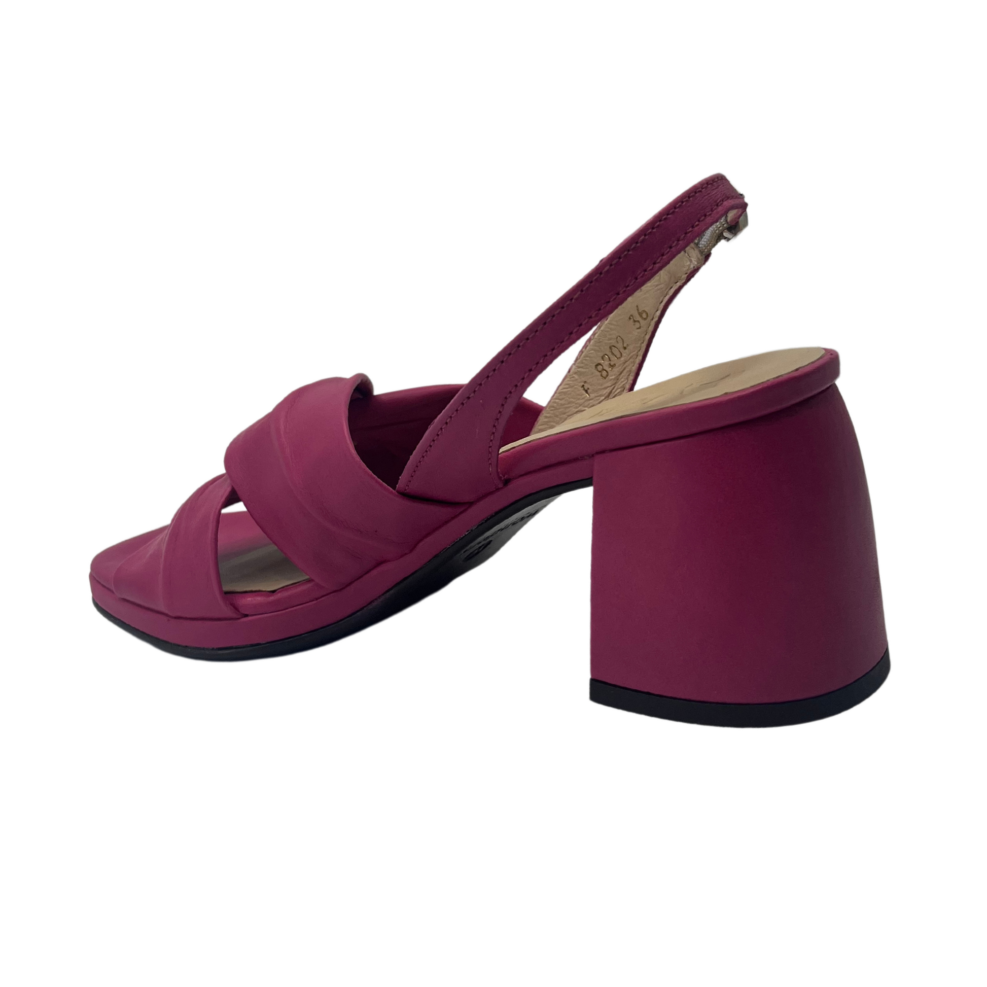 Back view of orchid sandal with chunky block heel and buckle strap