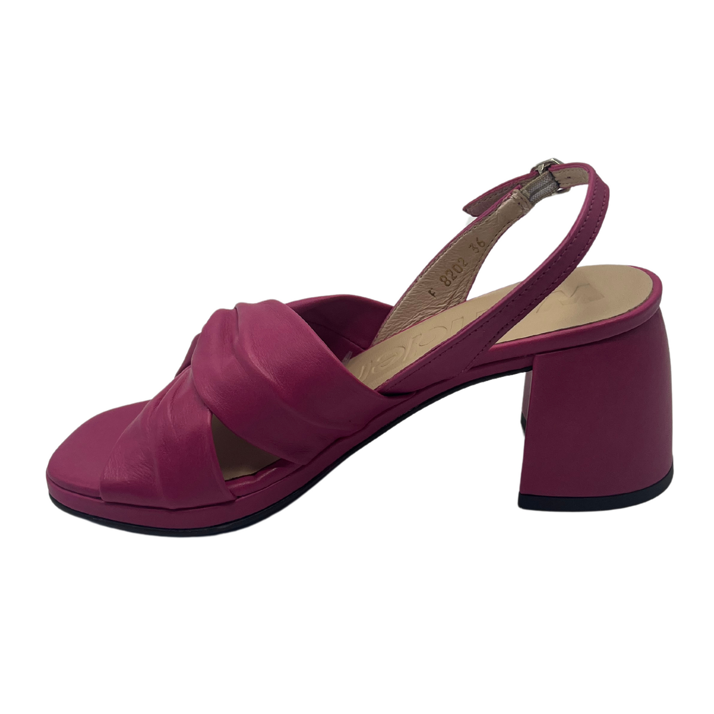 Left facing view of orchid leather sandal with chunky block heel and buckle strap