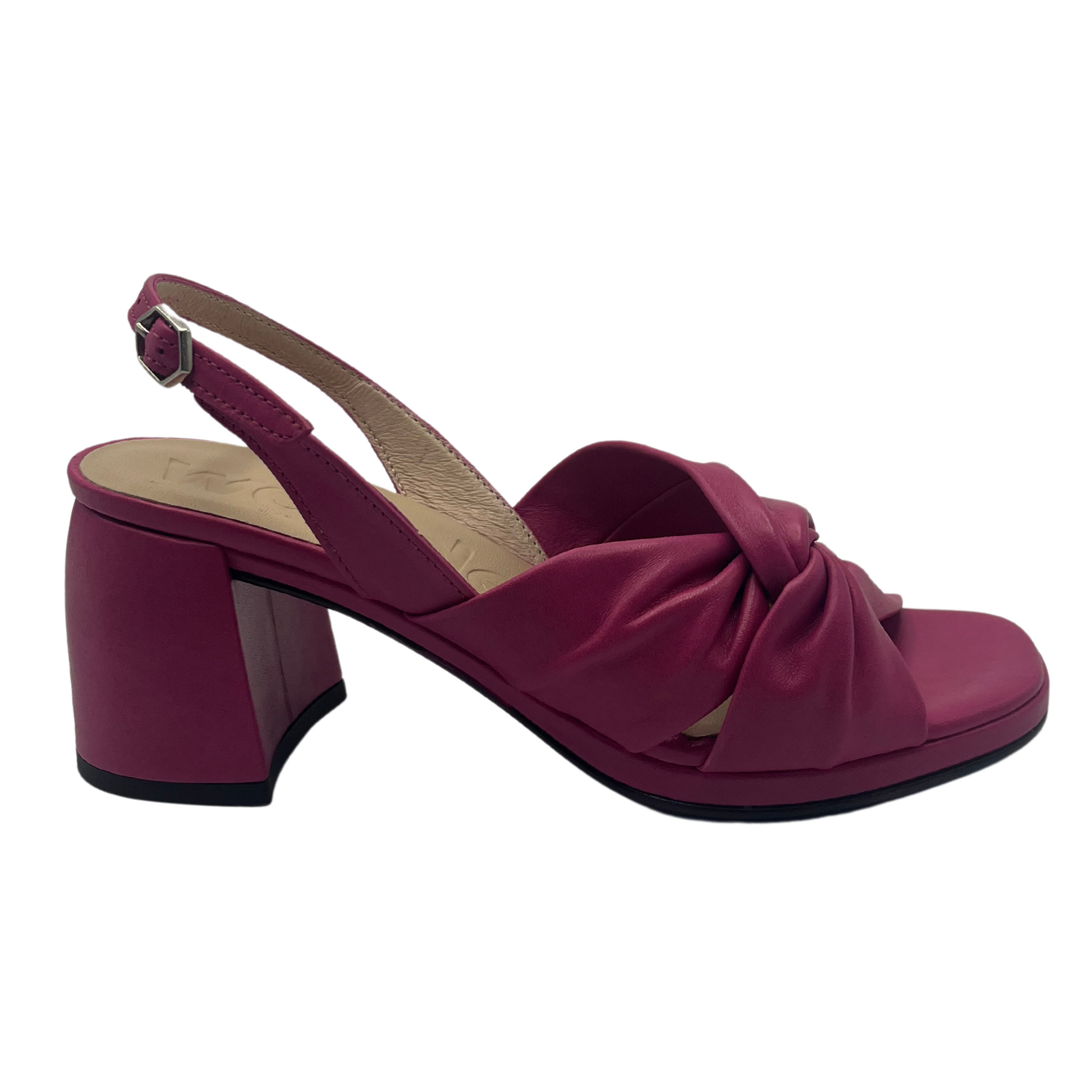 Right facing view of orchid leather sandal with buckle strap and chunky block heel