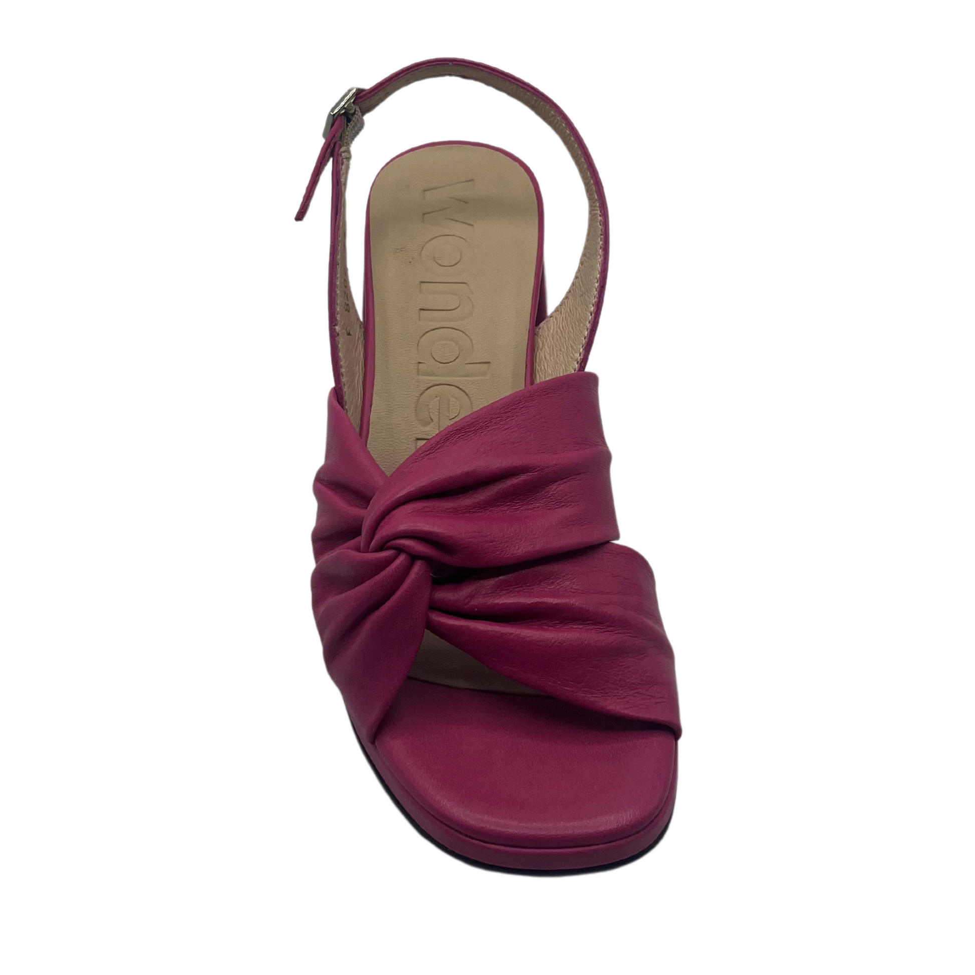 Top view of orchid leather sandal with square toe and buckle strap