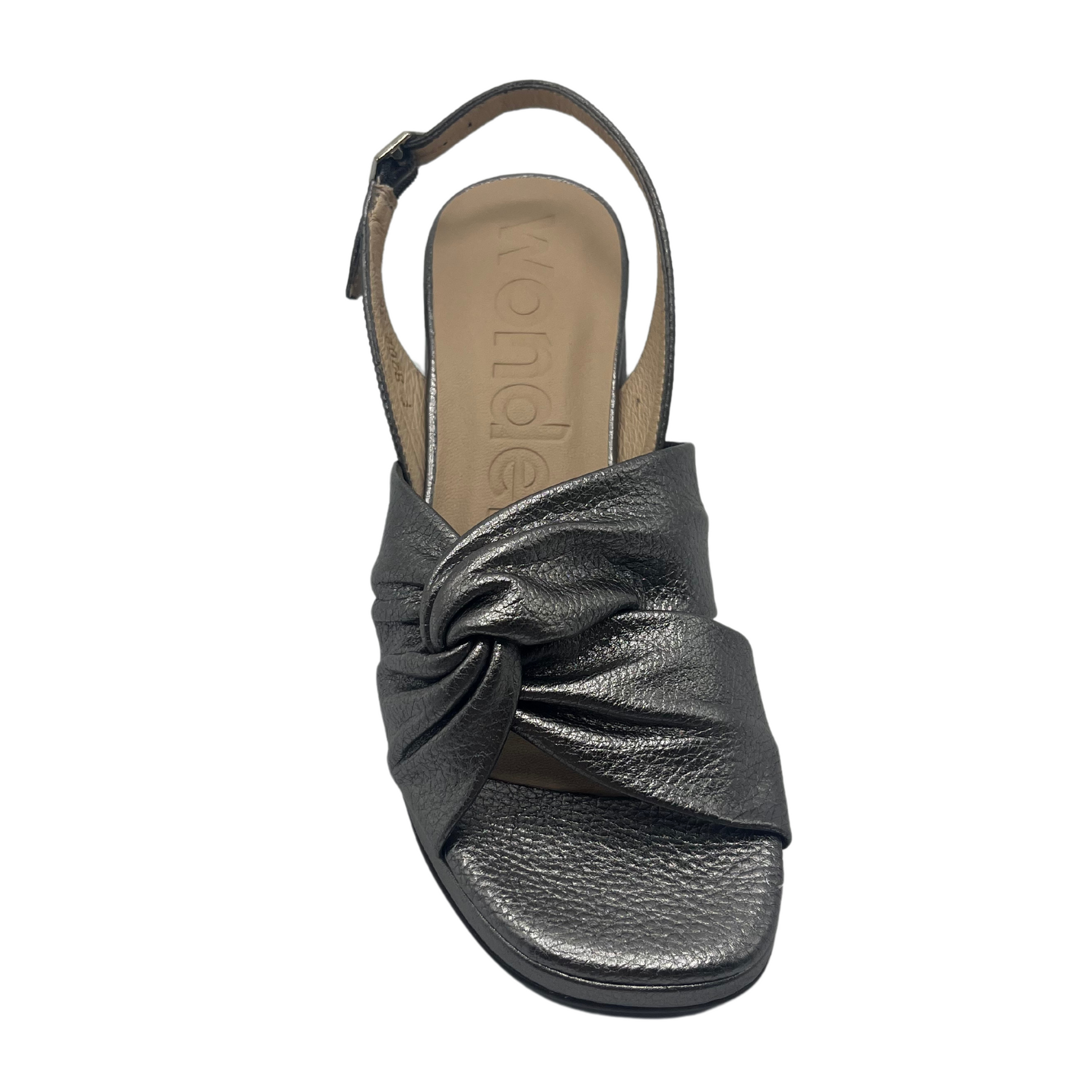 Top view of metallic silver leather sandal with square toe and buckle strap