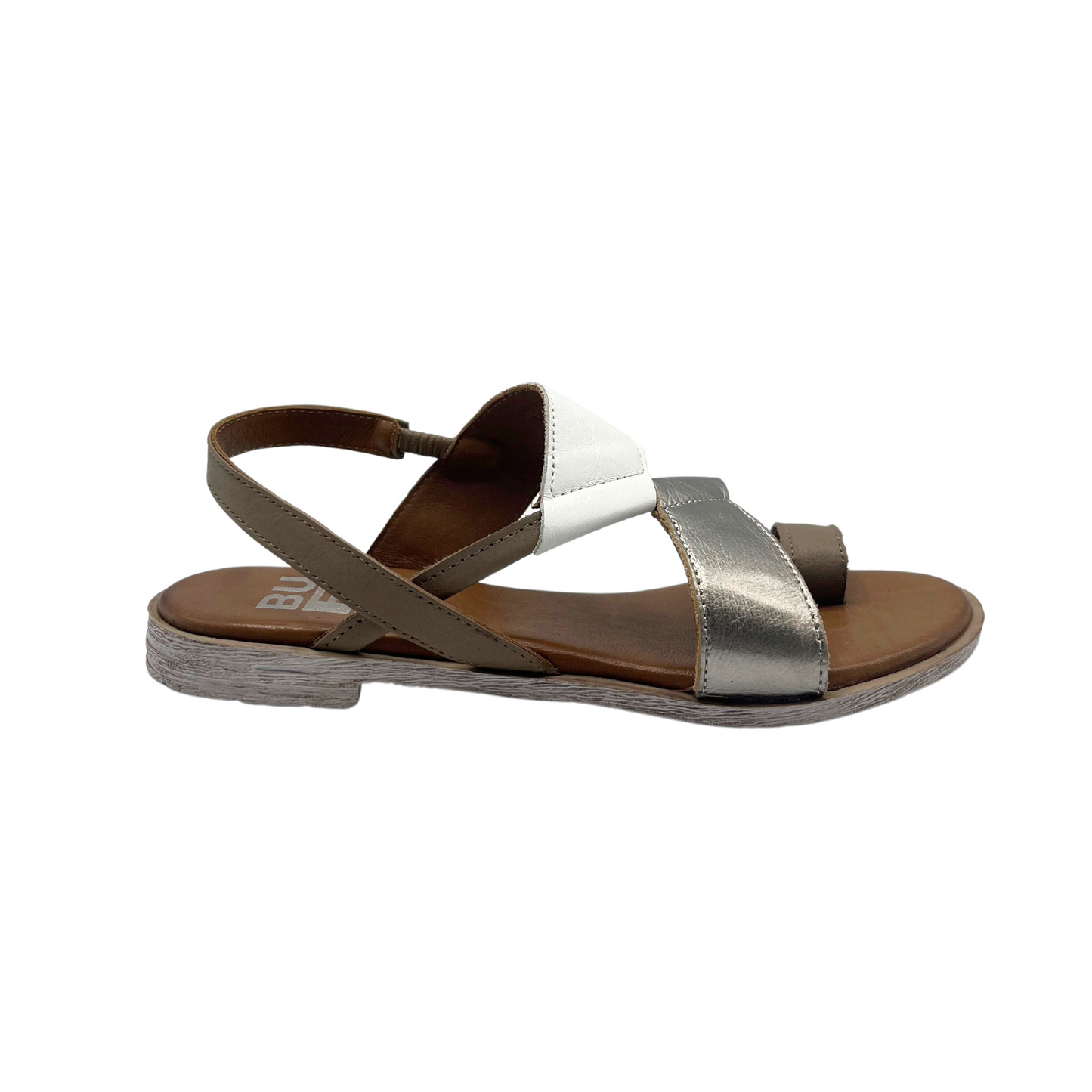 Outside view of a slip on style sandal. Flat with toe loop and leather panels across the top. Heel strap with elastic for easy on/offe