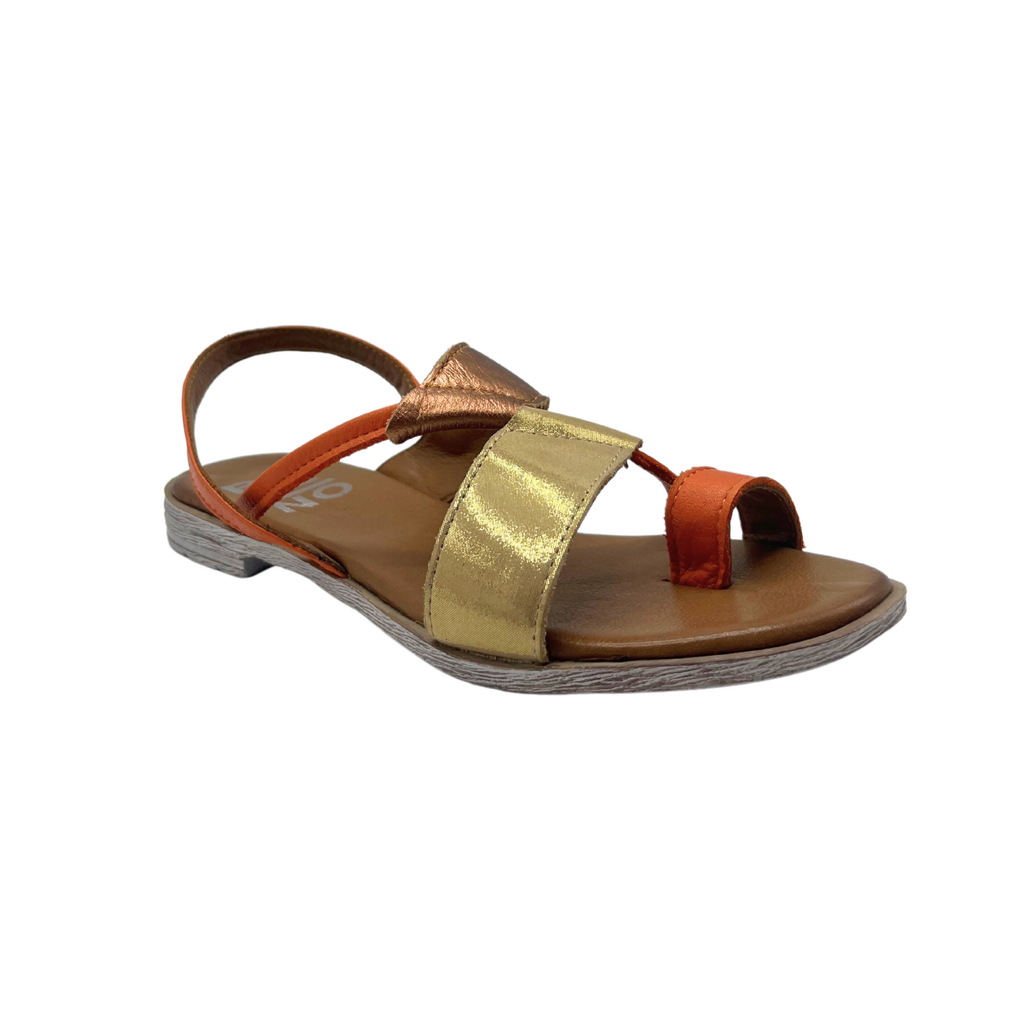Angled side view of a flat sandal in a combo of leather colors - gold, orange and rose gold. Toe loop at front and heel strap around the back