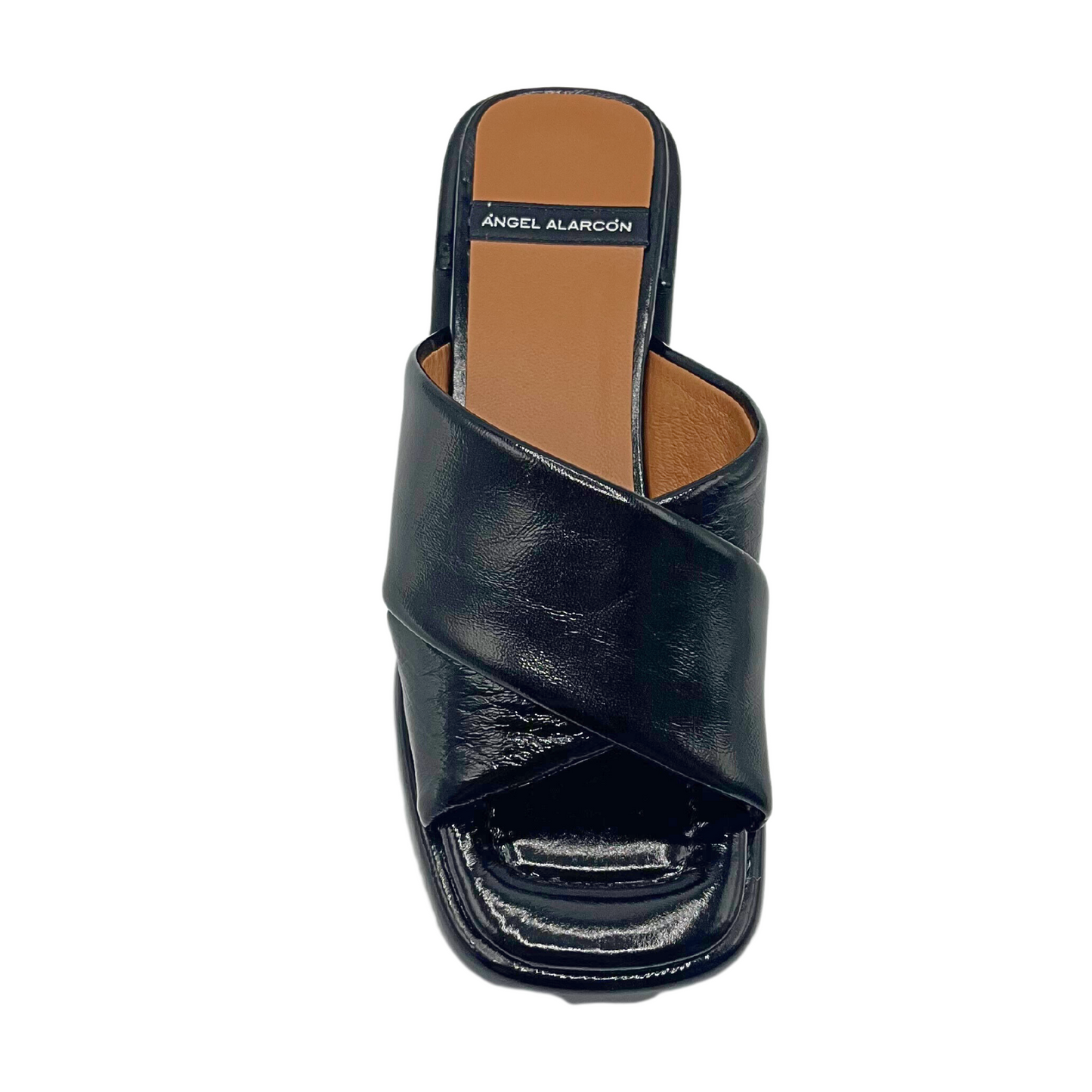 Top down view of Angel Alarcon Muses mule style sandal with thick cross straps. Open toe and wide cross straps in front