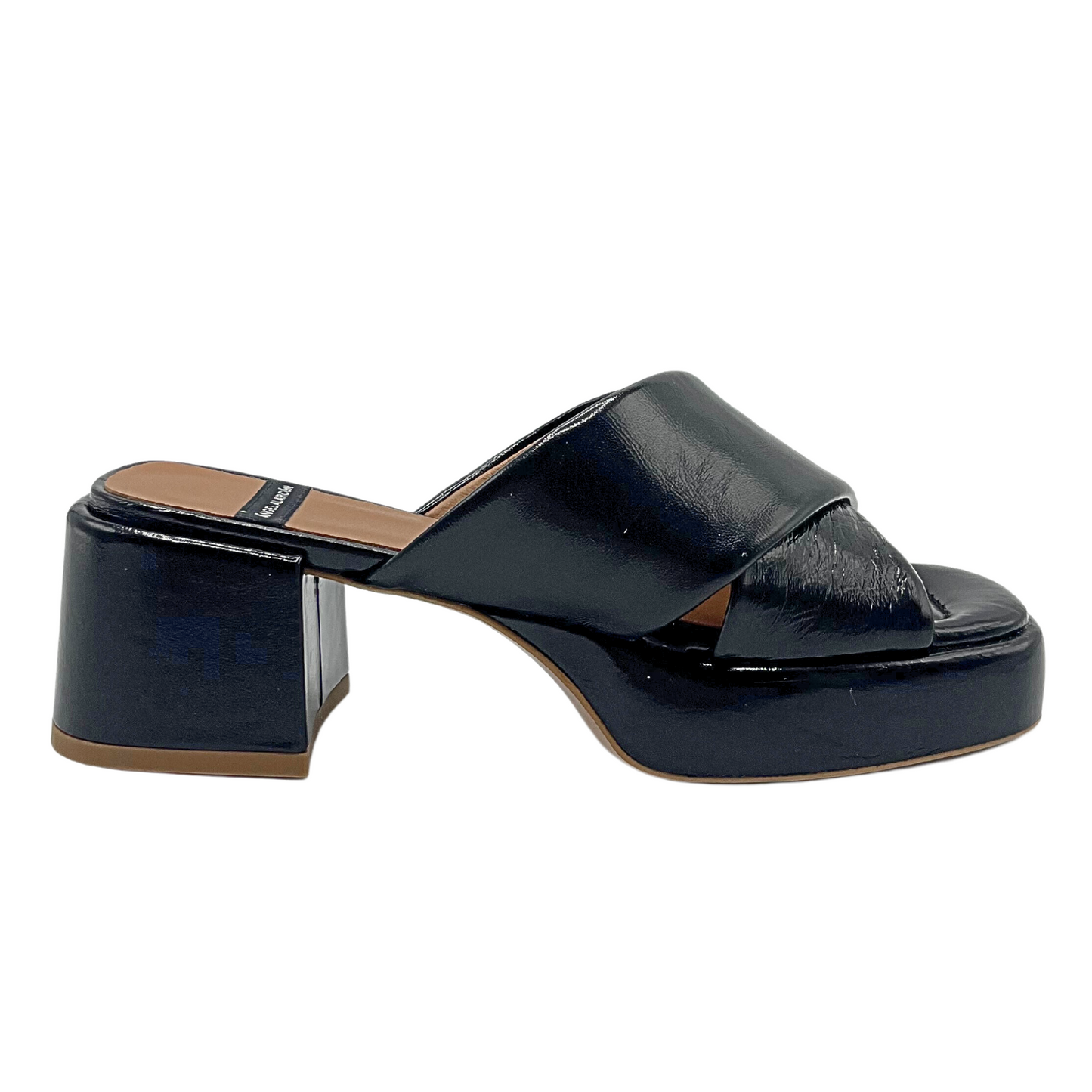 Outside view of Angel Alarcon Muses black patentmule. Shows Square block heel.