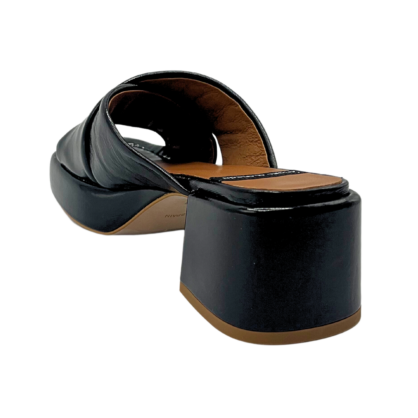 Side/back angle of Angel Alarcon Muses style sandal in black patent. Square block heel and platform front