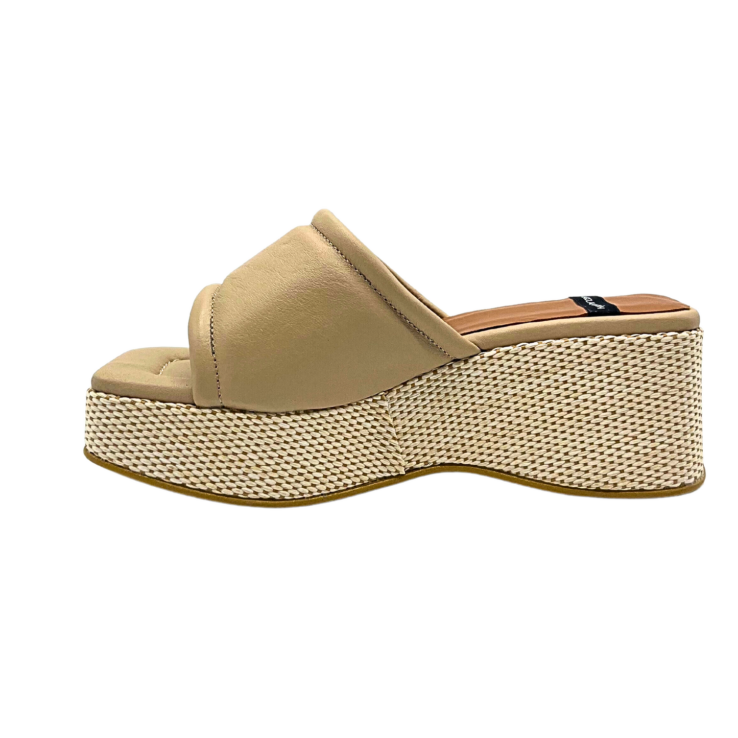 Inside view of Angel Alarcon Naomi platform mule. One wide paded strap across forefoot