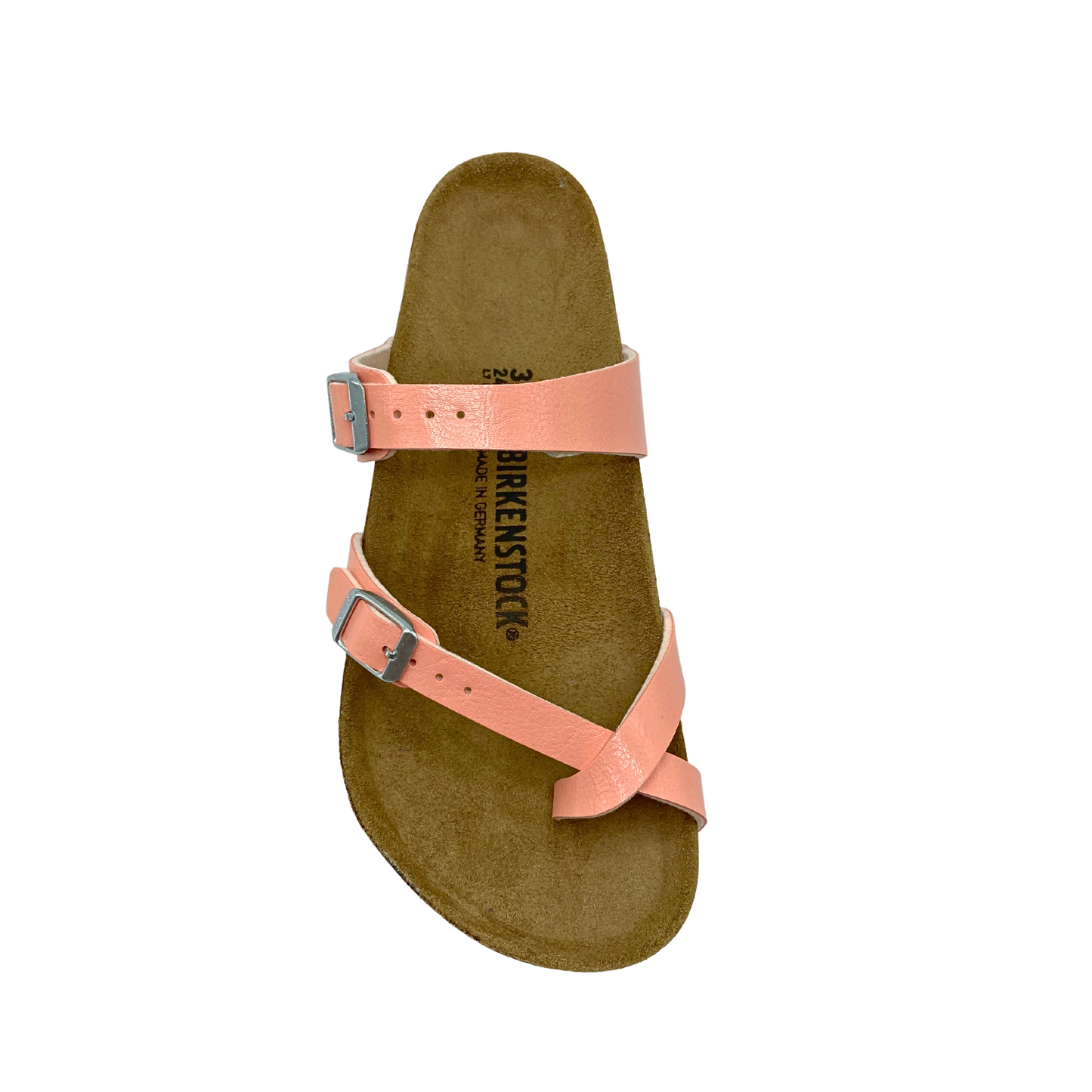 Top down view of right shoe. Shows the double buckle adjustment and the toe loop.