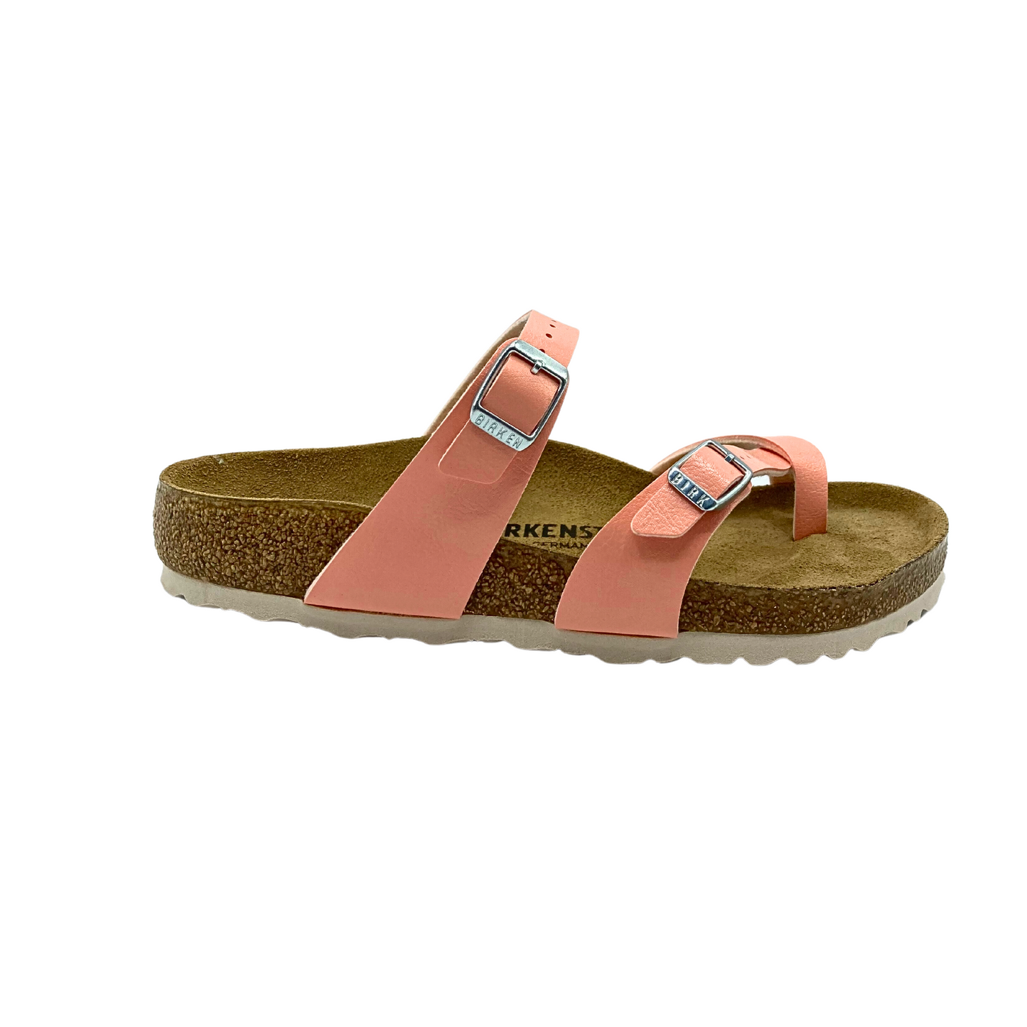 Outside view of right shoe. Shows the 2 buckles for adjustment of straps as well as width of straps. Note the superior arch support in the sole.