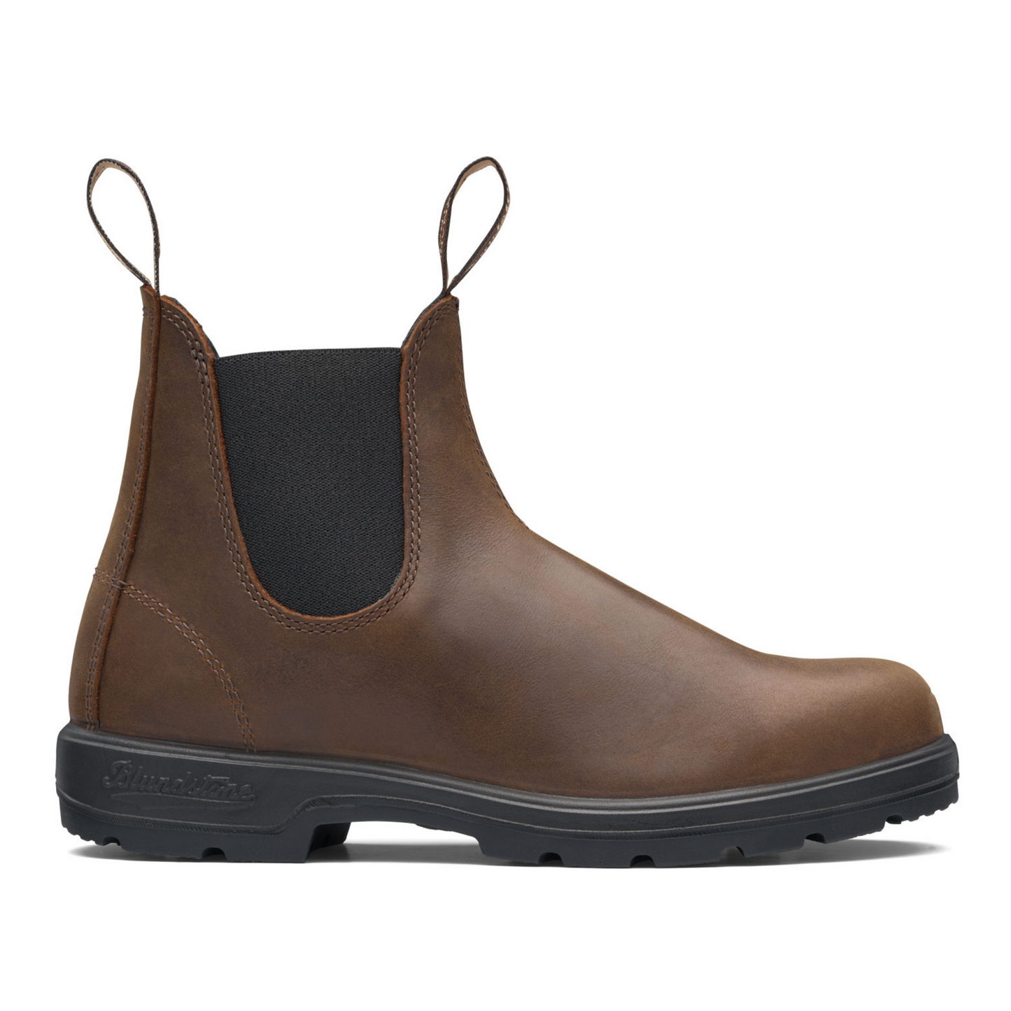 Side view of the right boot. Antique brown, leather black elastic sides and a black sole.