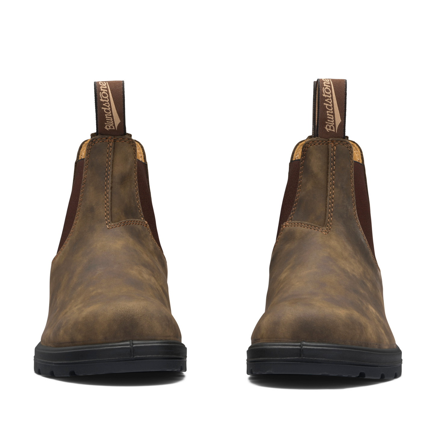 Front view of a pair of smokey, brown, leather boots.
