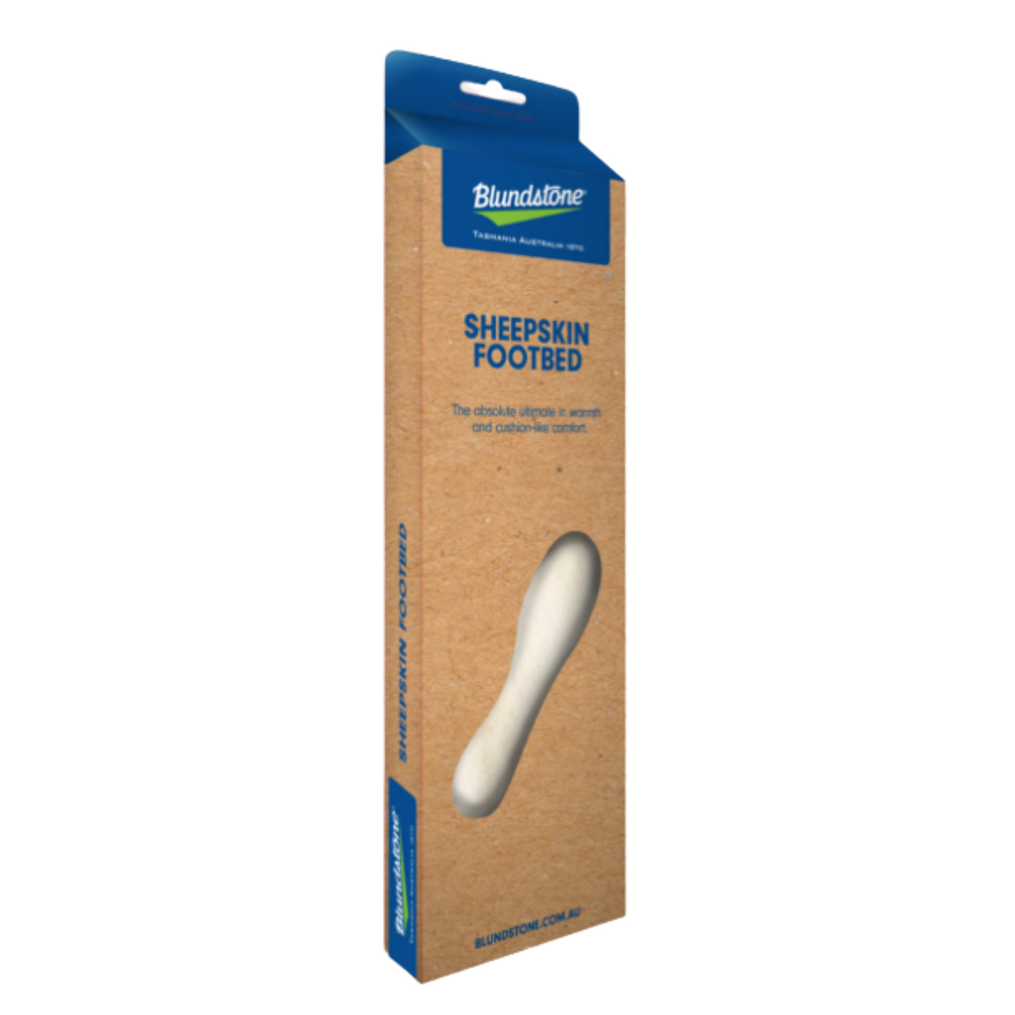Brown and blue cardboard package of sheepskin footbeds.