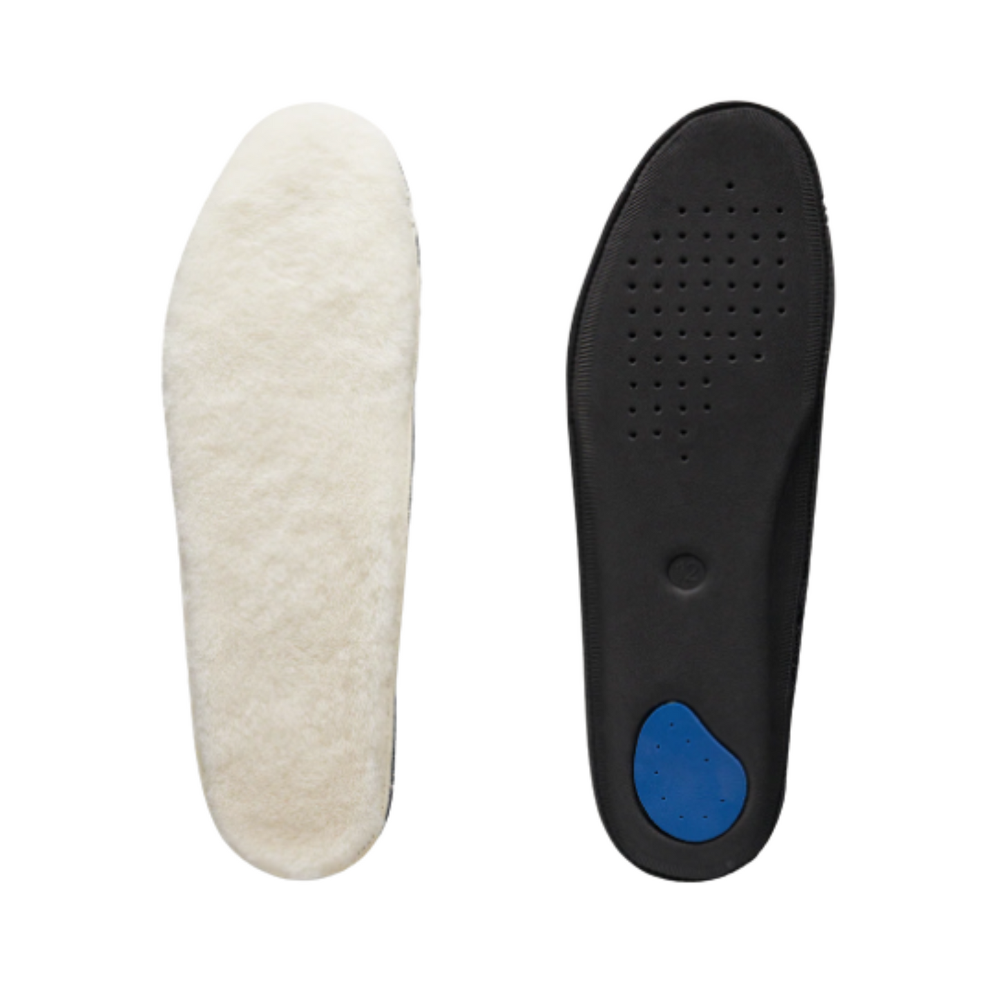 The top view and bottom view of a right insole. Insole on the left is white merino wool and the right is black with a blue heel.