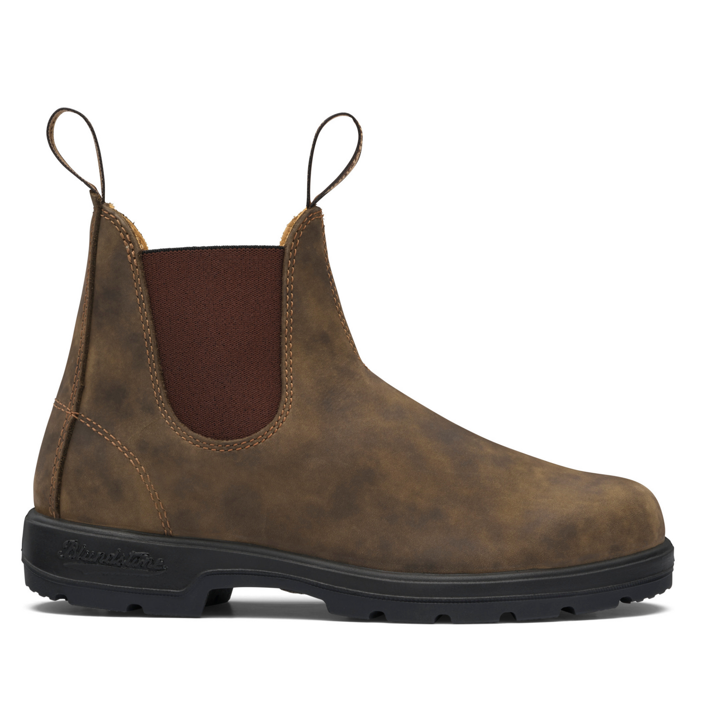 Side profile of the right boot. Rustic brown leather with tan colour stitching and brown elastic sides