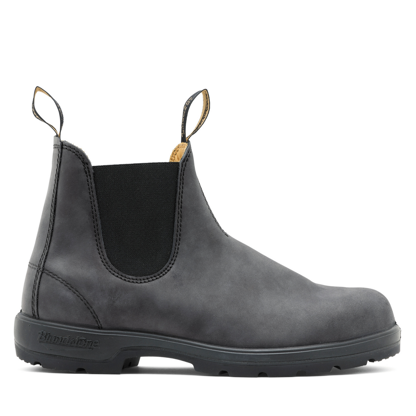 Side profile of the right shoe. Grey leather unisex boot with black sole.
