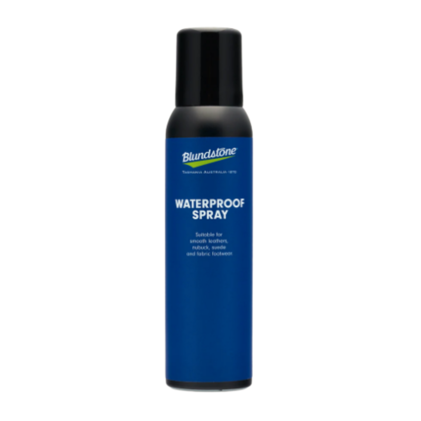 Front view of the spray can. Blue label with white writing. Black cap.