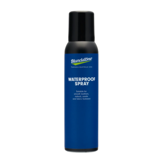 Front view of the spray can. Blue label with white writing. Black cap.