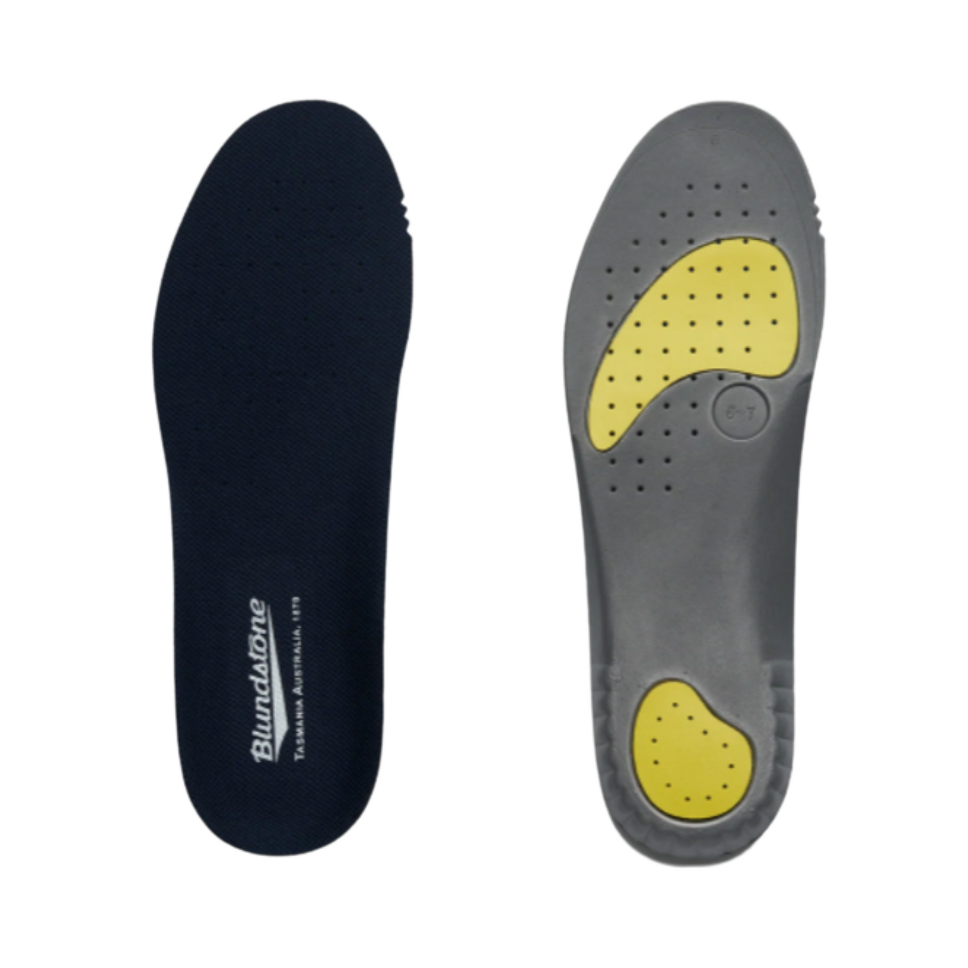 A pair of right foot beds, left is right side up, right is right side down.