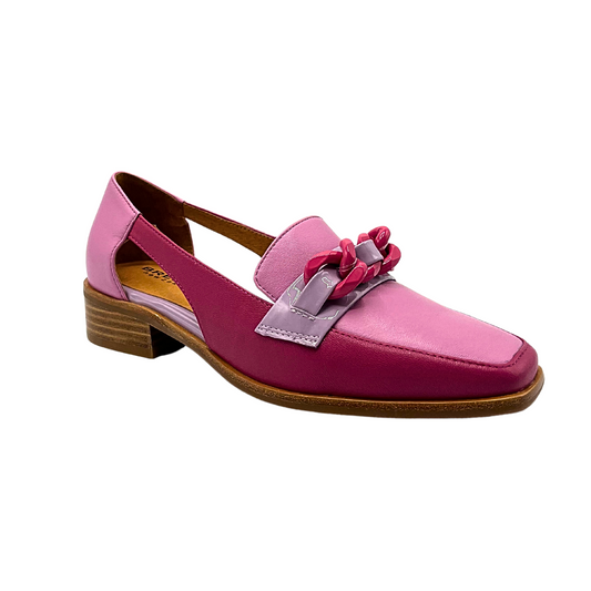 Adorable little loafer with the slightest bit of lift in the heel.  Open through middl eon both sides.  Combination of pink, fuschia and silver